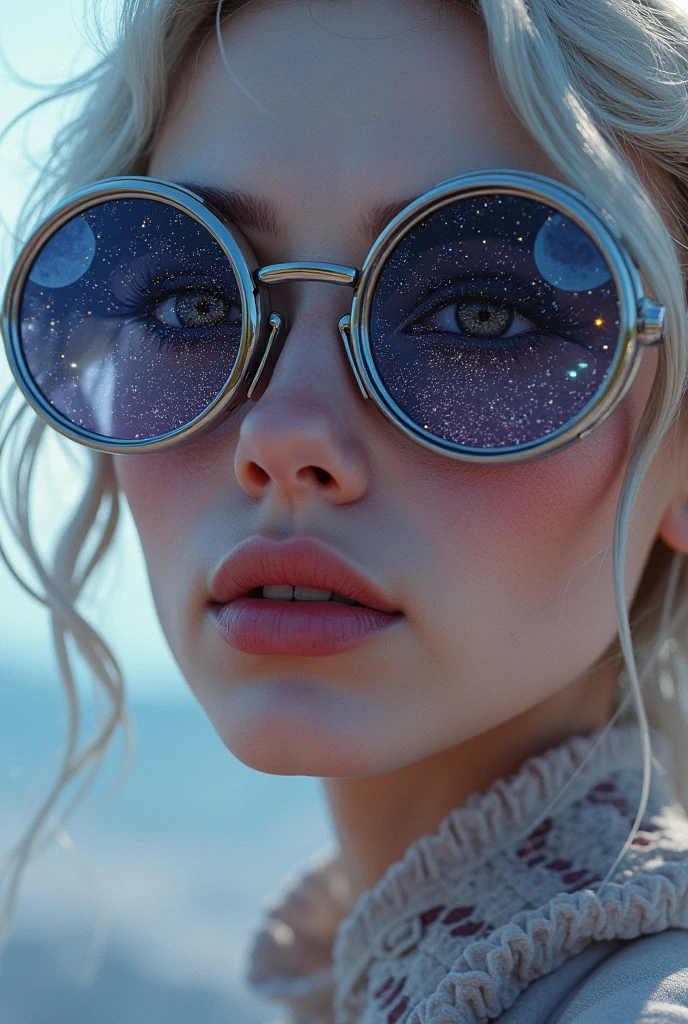 The model is wearing glass sunglasses with stars and the moon on the glass