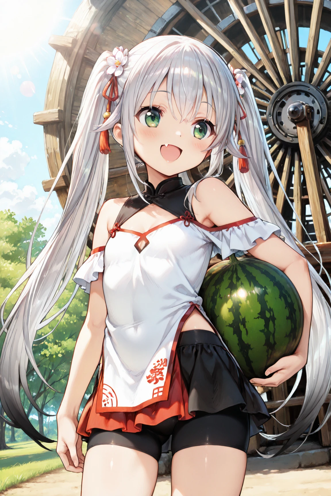 Fujiwara no Mokou(From desire) In the bamboo forest. She has a big . She has white hair, Red eyes. She is wearing a white shirt, sit, night, moon, Hair Ribbon, Perfect Anatomy