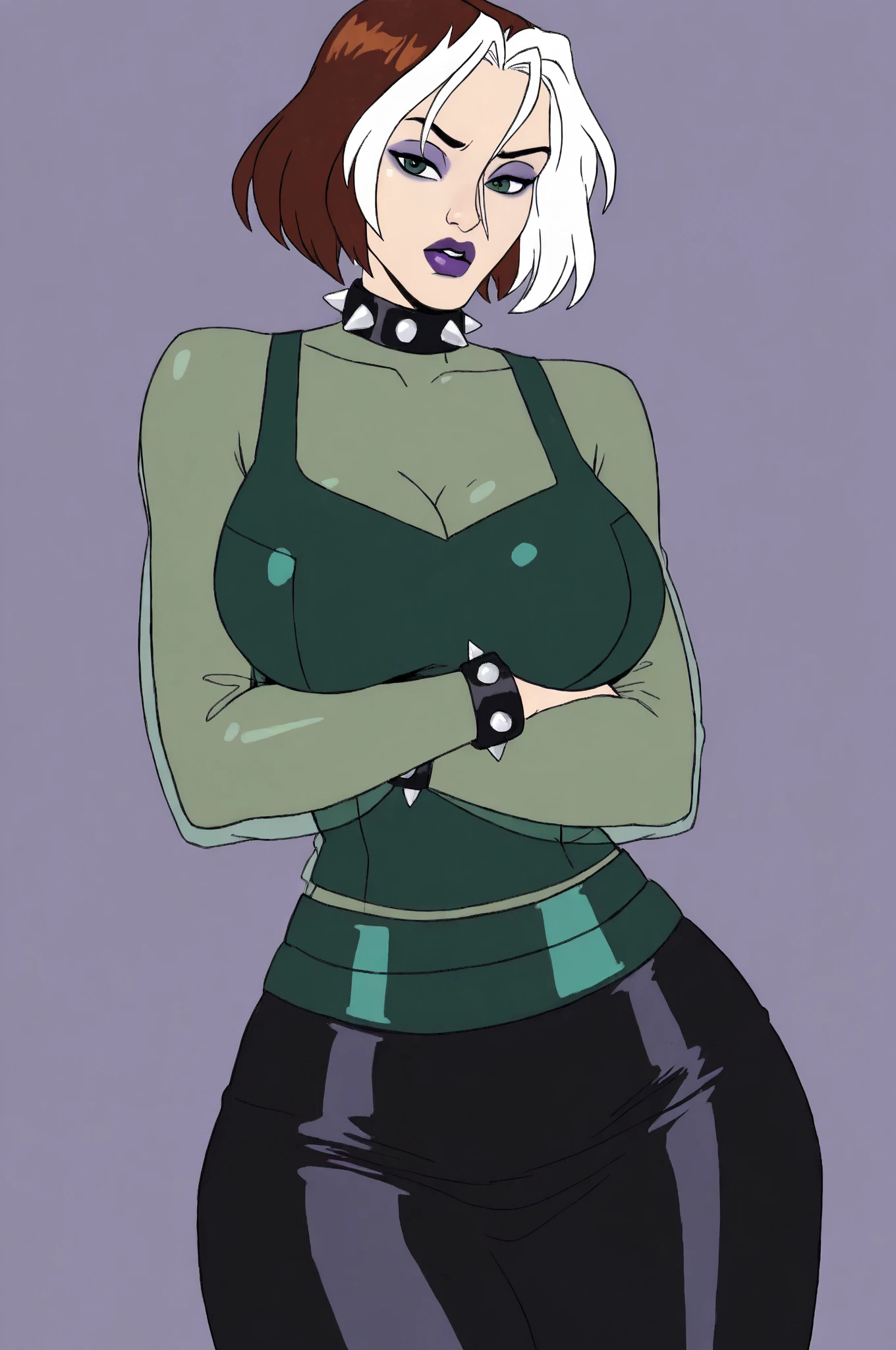 (solo:1.1),(masterpiece), (best quality:1.3), highly detailed, intricate, professional art, digital art, absurdres, confidant, emerald sustrai, futanari emerald sustrai wearing a white and green leotard with arm gloves and pants confidently in a club,(see through top:1.4), (pants:1.6), 1girl, solo, (dark skin:1.5), green hair, bob hair, gold hoop earrings, gold jewellery, ab lines,(gold navel piercing:1.1), detailed stomach, red eye colour, dark skin, average breasts, (aroused:1.2), (futanari:1.1), (wide hips:1.4), (makeup 1:1), beestung lips, (black lipstick:1.3), large penis, panty straps riding hips, (large crotch bulge:1.4), crotch bulge, large testicles , furniture, fontal view, universal lighting