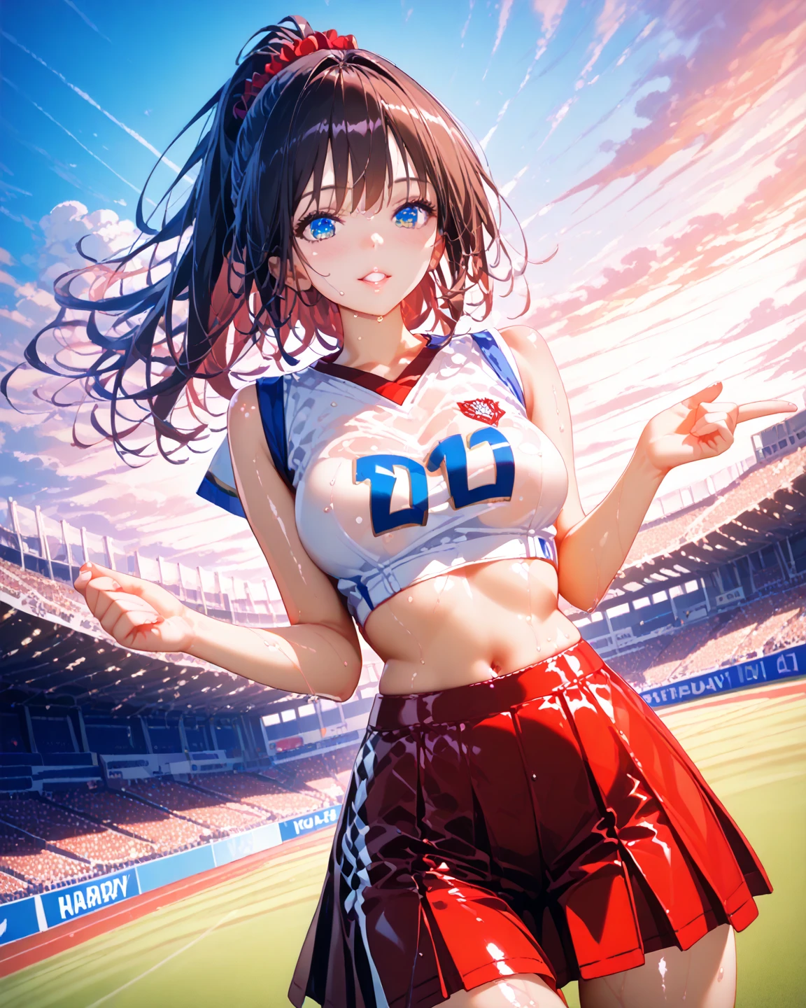 {{{masterpiece}}}, {{{Best Quality}}}, {{ultra detailed}}, {cinematic lighting}, {illustration}, {Beautifully detailed eyes}, {1 girl}, extremely detailed, 1 girl, Alone, A full-body picture of a beautiful, Blue hair long ponytail, playful smile, purple eyes, big breasts, neckline, hourglass figure, outdoor, Football field background, Highly detailed face and clothing, perfect face, White skin, Bangs Hair, by the wide, cowboy shot, noble beautiful, BREAK, wearing red cheerleader uniform, A woman in a red cheerleading uniform, BREAK, seductive anime girl, attractive anime girl, beautiful anime high school girl, beautiful anime girl, beautiful seductive anime teen, (anime girl), anime girl, soft anime cg art, visual anime of a cute girl, pretty anime girl, ilya kuvshinov con by the wide, cute anime girl, BREAK, kneeling with her back to the viewer and turning to look at him, feminine curves, blushing,