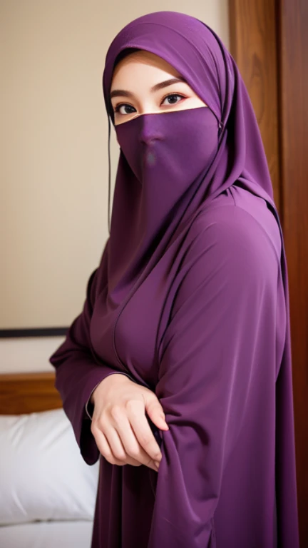 A beautiful Asian girl in a long hijab with tight and clearly visible breasts, In tight dark clothes, He was hugging himself sideways, and good quality images