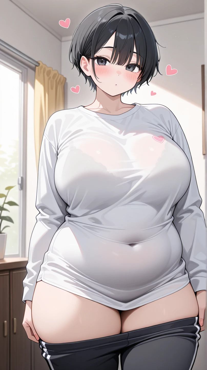 (((kipteitei art))), Masterpiece, high quality, best quality, beautiful, HD, perfect lighting, detailed face, detailed body, 1girl, solo, short black hair, bangs, fluffy hair, ((messy hair)), green eyes, glasses, nervous smile, ((embarrassed look)), ((blush)), medium breasts, cleavage, perky breasts, (wide hips), ((thick thighs)), big ass, ((pudgy)), (belly hang), belly rolls, ((((belly grab)))), ((white shirt)), (((jean shorts))), (((tight clothes))), ((undersized clothes)), cafe, in public, pulling on shirt,