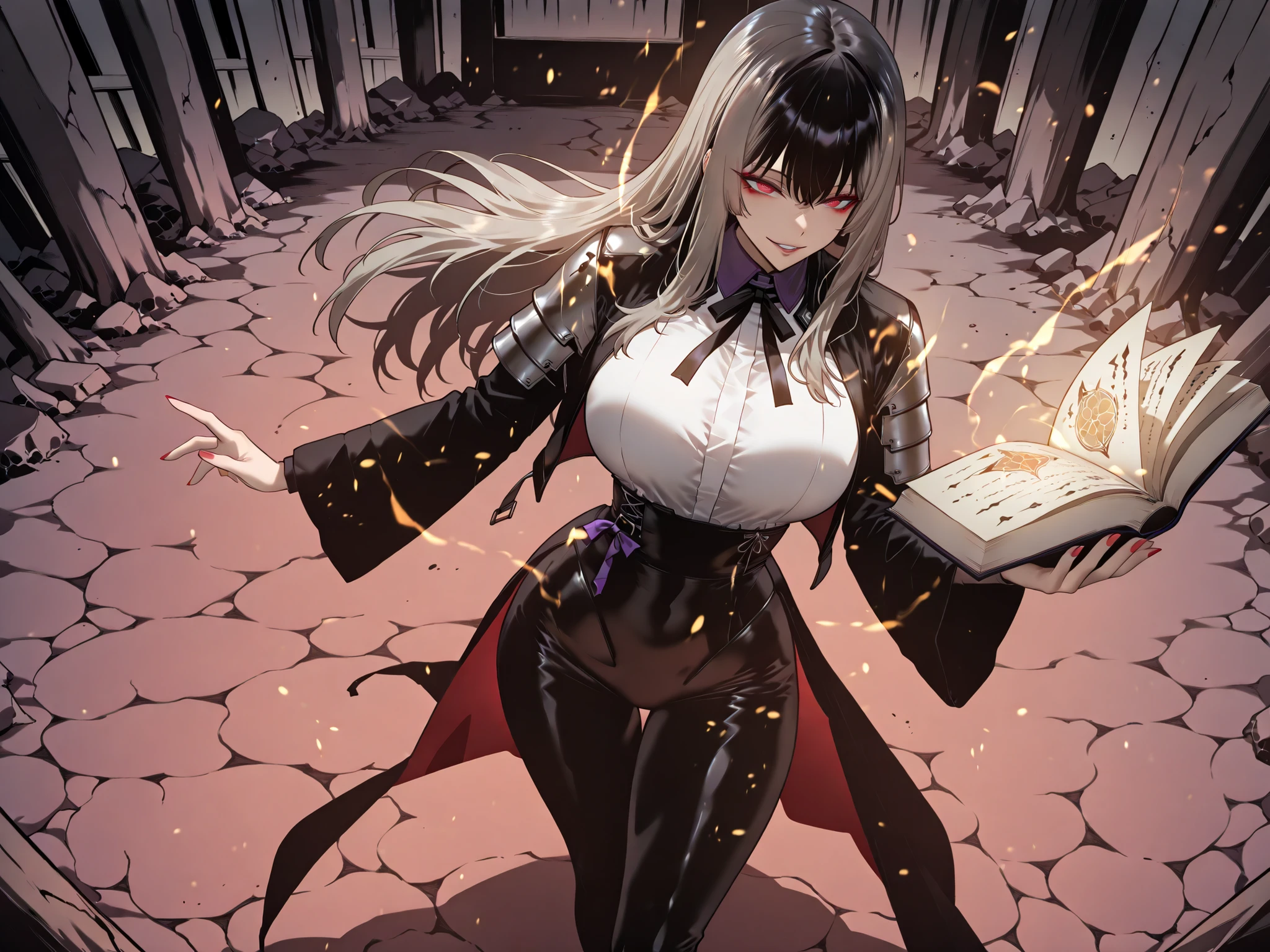 Ball of Light、雷magic、taken from above、caveの中、Ruins、black suit、black longsuit、 black long jacket、ゴスロリなshirt、Depressed、Tall Woman、A woman in her thirties、 Alassah's woman、Steins;Gate、 black longsuit 、score_9, score_8_up, score_7_up, Source_anime,masterpiece、No expression、no makeup、top quality,beautifully detailed eyes in a logistics warehouse, Exquisite Eyes、A sophisticated eye、highly detailed eyes and faces,unmotivated expression、lethargic face、 long breasts, Black Jacketを羽織る、Black Jacket、shirt, big saggy breasts, shockingly big breasts, big breasts,big boobs、boobs 、Zitoida, makeup、no makeup、long hair、smooth straight hair、black slacks、tall woman、Tall Woman、plump thighs, parted lips、 shining eyes,(Fire Aura Onkown),dungeon内、Crimson Eyes、long hair、dark haired、黒い髪、Long Straight Hair、dungeon、cave、Ruins、solo、soloプレイヤー、Wide ass、beautiful butt、and stick your butt into the focus of your butt、long boots、Shoulder Armor、Fearless Laugh、strong、Is confident、suit pants、黒いlong pants、Black Skinny、long pants、Dynamic、Satu、fight、Satu狂、俺だけレベルupな件、arrogant、 Confidence々The smile 、bewitching smile、Sadist、Satu中、hunting、hunting、intimidating、magic使い、magic、Spell Book、magic、Spell Book、magicの本、Floating Book、floating book、Pearl of Light、Light Ball、 Floating Books、Flying Book、左手にmagicの玉、plasma、plasma球、Glowing sphere、Flying Book