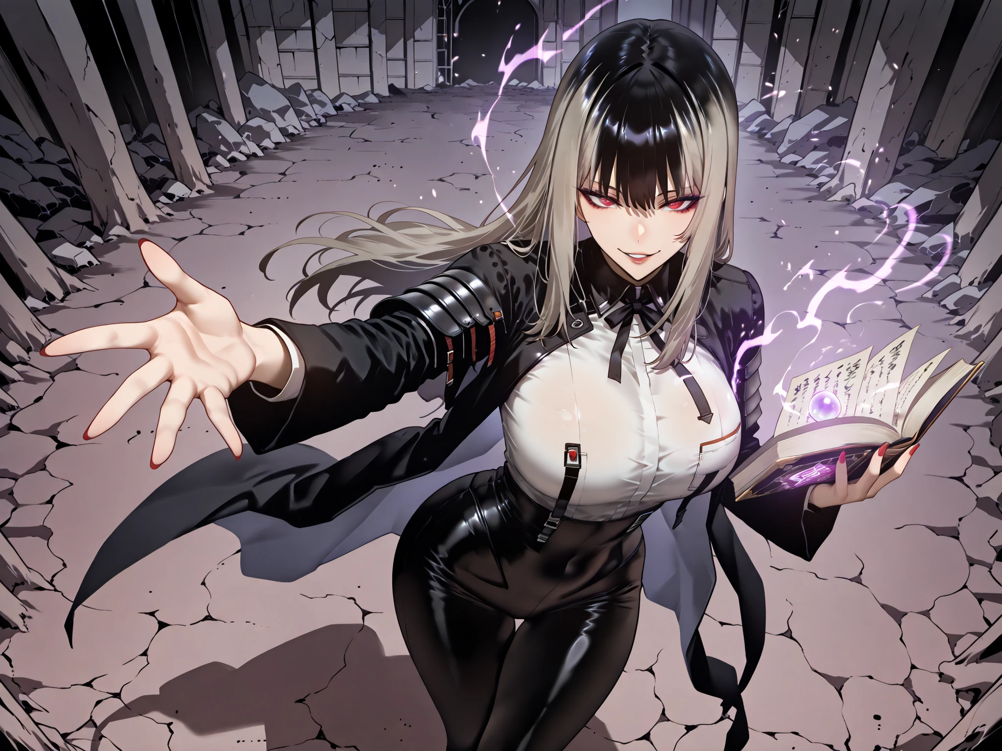 Ball of Light、雷magic、taken from above、caveの中、Ruins、black suit、black longsuit、 black long jacket、ゴスロリなshirt、Depressed、Tall Woman、A woman in her thirties、 Alassah's woman、Steins;Gate、 black longsuit 、score_9, score_8_up, score_7_up, Source_anime,masterpiece、No expression、no makeup、top quality,beautifully detailed eyes in a logistics warehouse, Exquisite Eyes、A sophisticated eye、highly detailed eyes and faces,unmotivated expression、lethargic face、 long breasts, Black Jacketを羽織る、Black Jacket、shirt, big saggy breasts, shockingly big breasts, big breasts,big boobs、boobs 、Zitoida, makeup、no makeup、long hair、smooth straight hair、black slacks、tall woman、Tall Woman、plump thighs, parted lips、 shining eyes,(Fire Aura Onkown),dungeon内、Crimson Eyes、long hair、dark haired、黒い髪、Long Straight Hair、dungeon、cave、Ruins、solo、soloプレイヤー、Wide ass、beautiful butt、and stick your butt into the focus of your butt、long boots、Shoulder Armor、Fearless Laugh、strong、Is confident、suit pants、黒いlong pants、Black Skinny、long pants、Dynamic、Satu、fight、Satu狂、俺だけレベルupな件、arrogant、 Confidence々The smile 、bewitching smile、Sadist、Satu中、hunting、hunting、intimidating、magic使い、magic、Spell Book、magic、Spell Book、magicの本、Floating Book、floating book、Pearl of Light、Light Ball、 Floating Books、Flying Book、左手にmagicの玉、plasma、plasma球、Glowing sphere、Flying Book