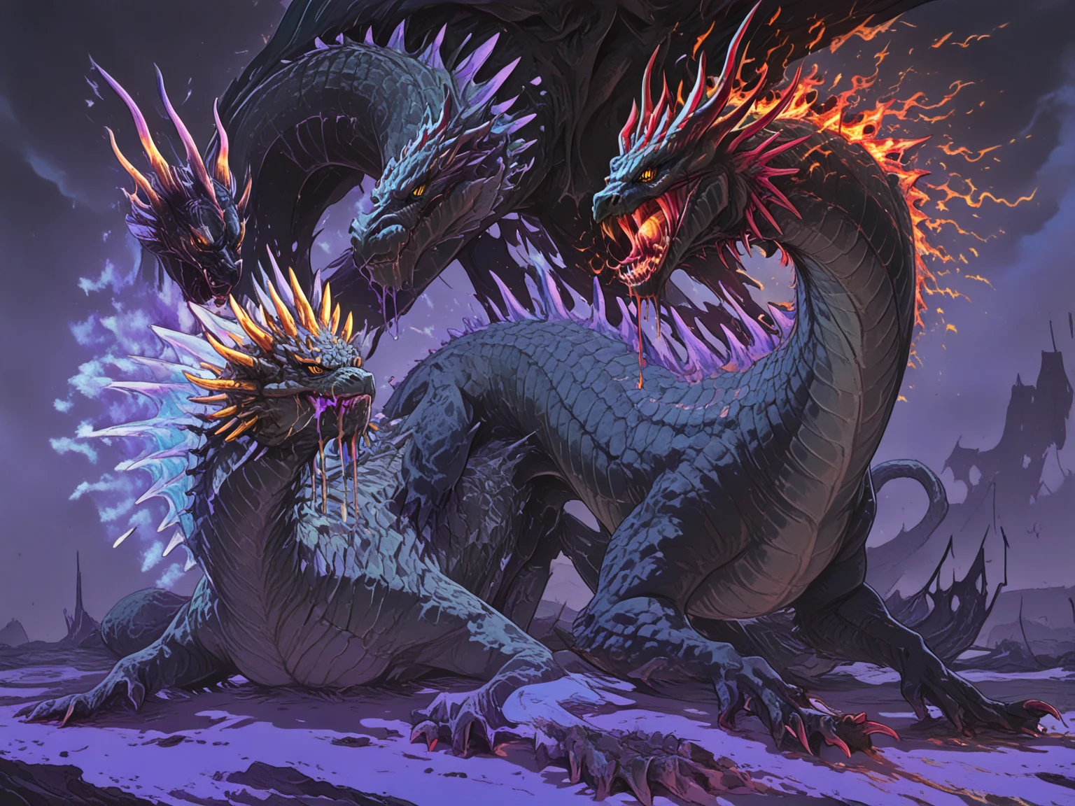 Tiamat, the fearsome Chromatic Dragon Queen, embodies the darkest depths of draconic power and malevolence. With her five heads, each bearing the visage of a different chromatic dragon—black, blue, green, red, and white—she commands legions of evil dragons and fiends from the depths of the Nine Hells. Her immense form is wreathed in scales of varying shades, ranging from jet black to bone white, each as hard as adamantine and as sharp as obsidian. Her wings, spanning vast distances, cast shadows that darken the skies and instill fear in the hearts of mortals. Tiamat's eyes gleam with an unearthly intensity, burning with an insatiable hunger for power and domination. From her maw, she unleashes torrents of elemental fury—gouts of flame, bolts of lightning, toxic gases, and freezing blasts—that devastate all who oppose her. Her presence exudes a palpable aura of dread and despair, causing even the bravest warriors to tremble in her presence. She is worshipped by cults of fanatical followers who seek to unleash her wrath upon the world and usher in an age of darkness and chaos. Tiamat's lair is a labyrinthine fortress of bone and sinew, hidden deep within the bowels of the earth or atop towering peaks veiled in perpetual storms. Here, she schemes and plots, weaving webs of intrigue and manipulation to further her insidious agenda and extend her influence across the realms. In the annals of legend and lore, Tiamat is the ultimate embodiment of draconic tyranny and destruction, a force of darkness that threatens to consume all who dare to defy her reign of terror.