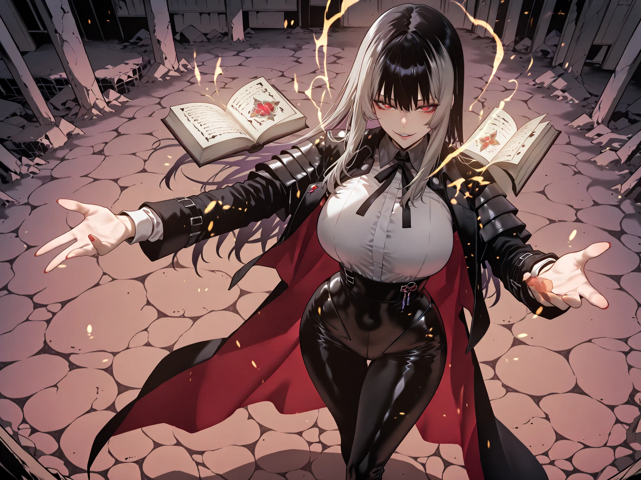 Ball of Light、雷magic、taken from above、caveの中、Ruins、black suit、black longsuit、 black long jacket、ゴスロリなshirt、Depressed、Tall Woman、A woman in her thirties、 Alassah's woman、Steins;Gate、 black longsuit 、score_9, score_8_up, score_7_up, Source_anime,masterpiece、No expression、no makeup、top quality,beautifully detailed eyes in a logistics warehouse, Exquisite Eyes、A sophisticated eye、highly detailed eyes and faces,unmotivated expression、lethargic face、 long breasts, Black Jacketを羽織る、Black Jacket、shirt, big saggy breasts, shockingly big breasts, big breasts,big boobs、boobs 、Zitoida, makeup、no makeup、long hair、smooth straight hair、black slacks、tall woman、Tall Woman、plump thighs, parted lips、 shining eyes,(Fire Aura Onkown),dungeon内、Crimson Eyes、long hair、dark haired、黒い髪、Long Straight Hair、dungeon、cave、Ruins、solo、soloプレイヤー、Wide ass、beautiful butt、and stick your butt into the focus of your butt、long boots、Shoulder Armor、Fearless Laugh、strong、Is confident、suit pants、黒いlong pants、Black Skinny、long pants、Dynamic、Satu、fight、Satu狂、俺だけレベルupな件、arrogant、 Confidence々The smile 、bewitching smile、Sadist、Satu中、hunting、hunting、intimidating、magic使い、magic、Spell Book、magic、Spell Book、magicの本、Floating Book、floating book、Pearl of Light、Light Ball、 Floating Books、Flying Book、左手にmagicの玉、plasma、plasma球、Glowing sphere、Flying Book