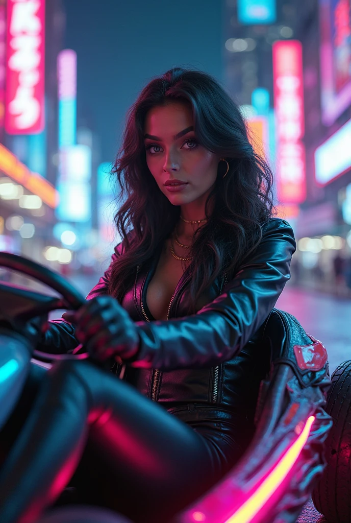 Una chica con el rostro de Amy lee, estilo synthwave, con un fondo de una Ciudad futurista, mini falda y tacones
