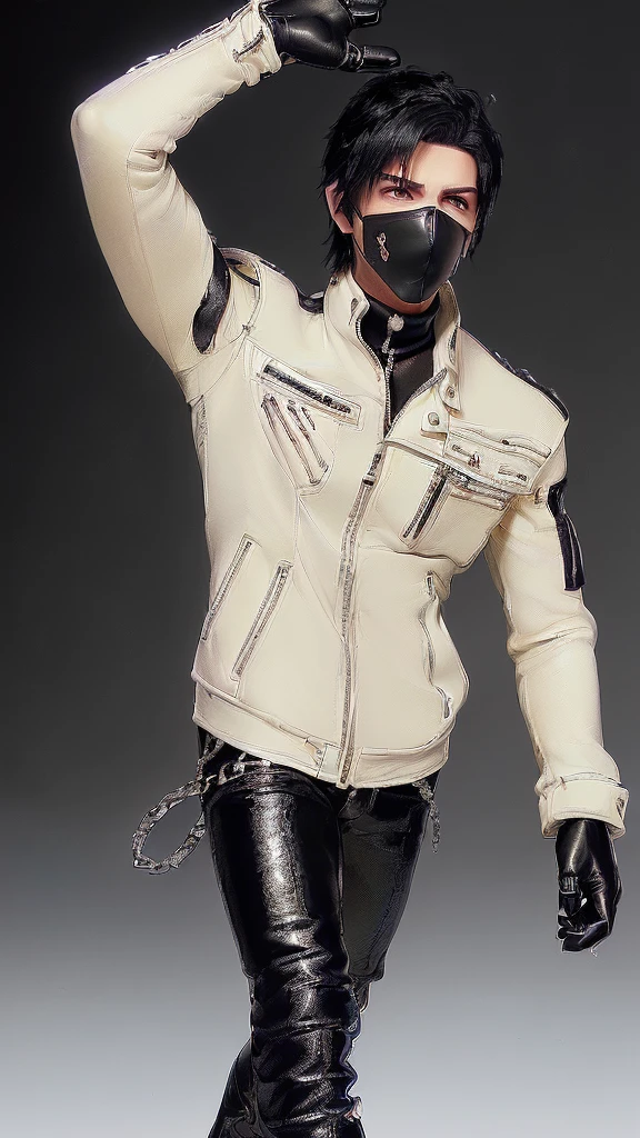 Final fantasy taste and reality graphics, ((Japanese young cute and cool ikemen boy)), his age is early 20s, thin eyebrows and beady eyes, ((he wearing off white color leather thick and heavy material jacket)), ((jacket is singlebrest)), ((biker style jacket)), ((jacket is large size)),((with epaulet)), ((jacket is long sleeve)), ((zipped up front of the leather jacket)), , ((voluminous leather jacket)), ,((must jacket is high length and stand-up collar)) ((jacket collar with two belts)), ((jacket is a little black color line pattern)), ((also wearing black thick material turtleneck lackluster shirts)), ((tight black long leather pants)), ((put black leather tight and thin glove on both hands)),((leather glove is covered full fingers)), ((black leather knee-high raceup boots)),((must views head-to-toe)),((must views whole body)), ,((Do not show skin from the neck down)),leather jacket leather glove and leather pants have few wrinkles, Avoid showing your innerwear,zip up jacket fastner.must put on a leather glove.
Boy is black hair.boy looks like fashion model.
((Boy put on black gasmask at nose and mouth area))