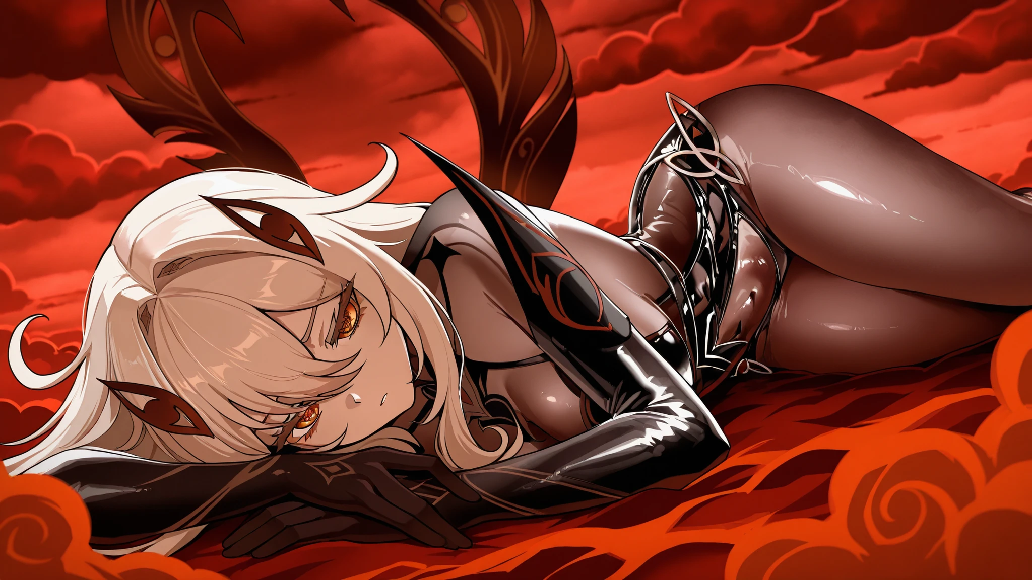 1 girl only, Ronova, from the video game Genshin Impact, with his characteristic dark clothes, in pose, lying on red clouds