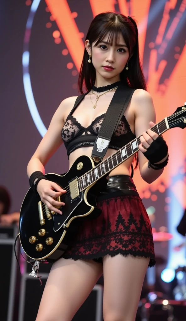 Top quality, masterpiece, ultra high definition, (photorealistic: 1.4), raw photo, (full body shot), charming smiling girl playing electric guitar on live stage, (dynamic pose), red gradient hair, asymmetrical bangs, cross pendant necklace, earrings, (red sexy punk rock costume: 1.5), lower abdomen exposed, Colorful live lighting, spotlights