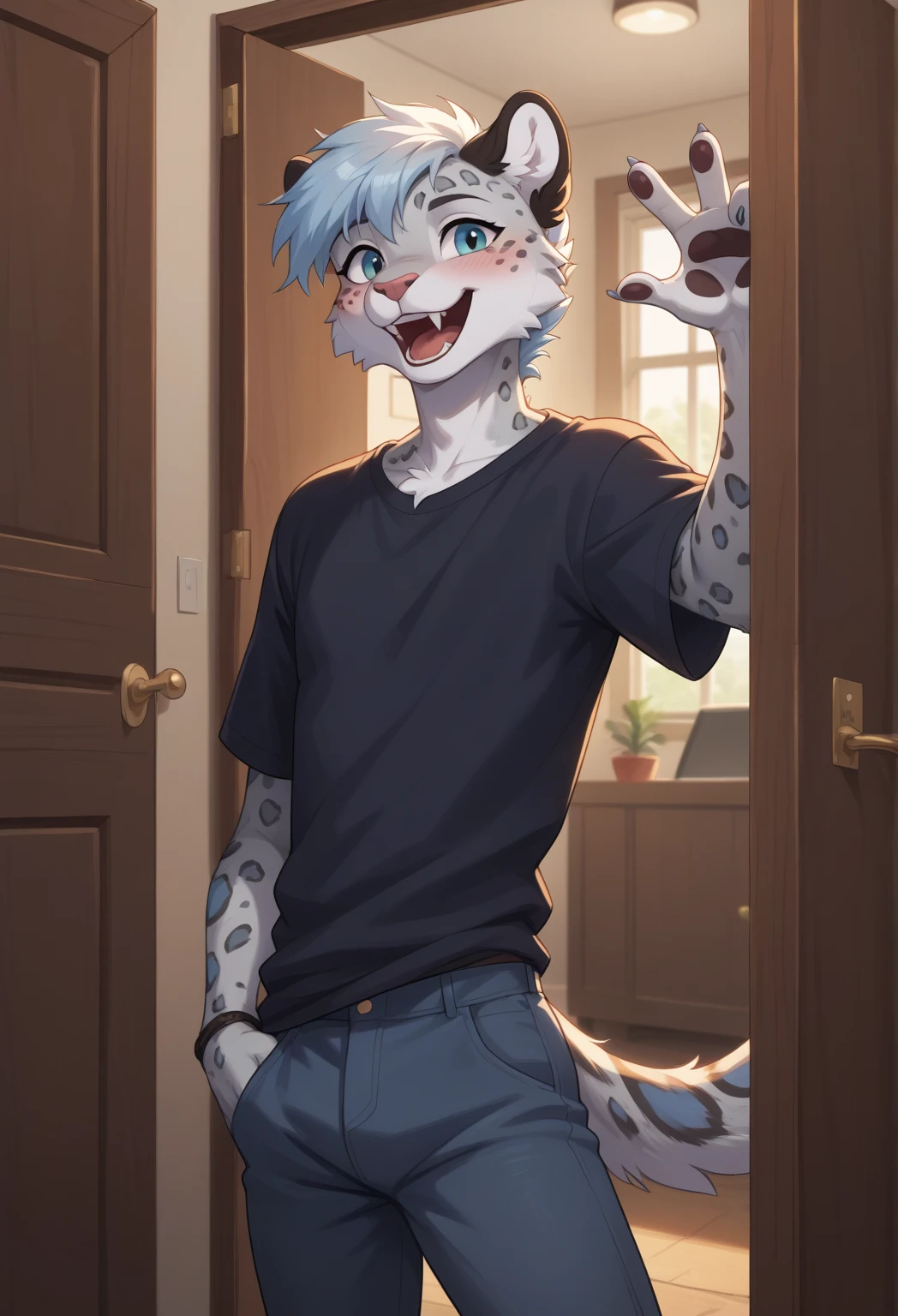 White cat, anthropomorphic, bedroom, shirtless, green eyes, happy, smiling, standing,