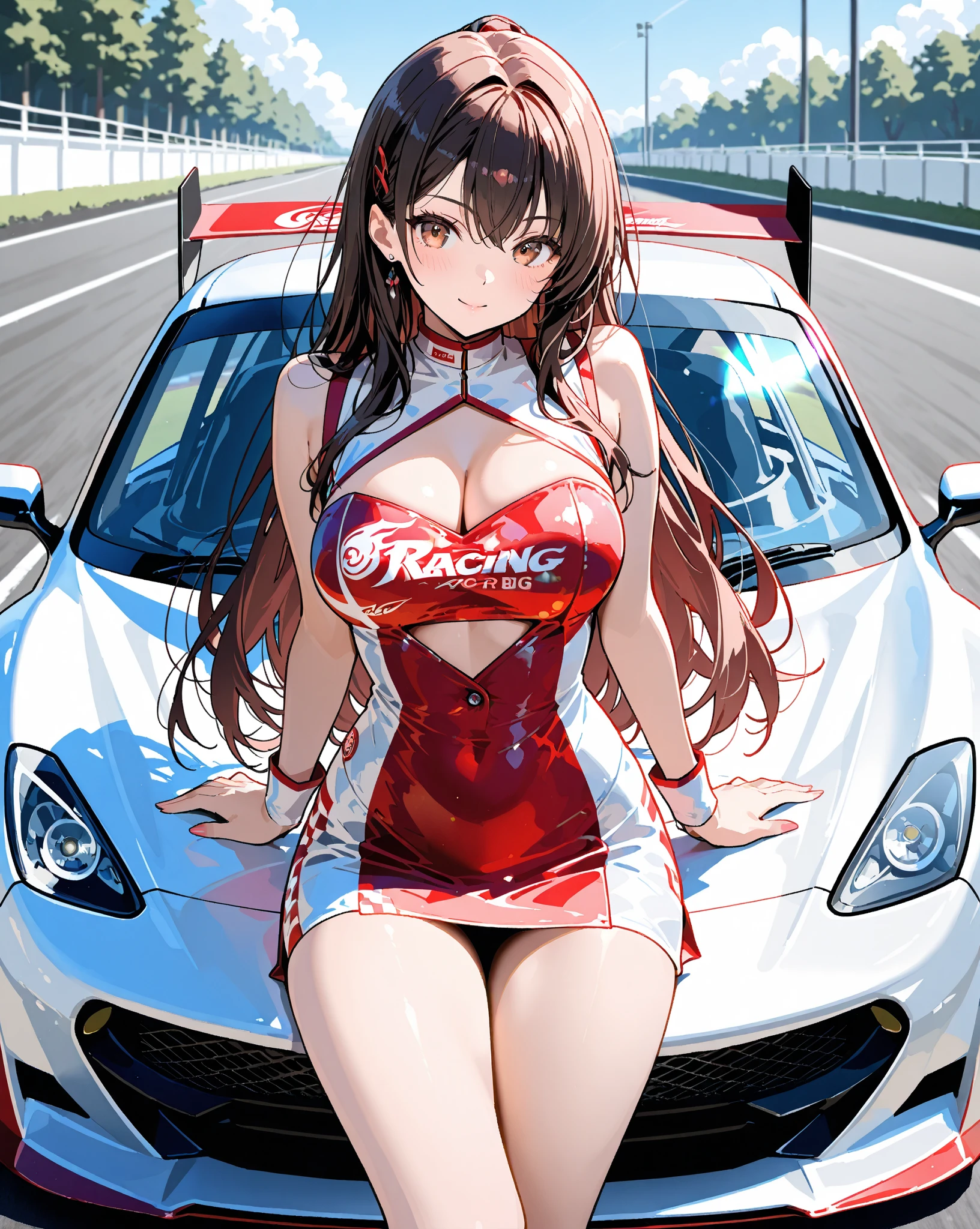 Beautiful busty female race queen, aged 18, long black hair, short dress red race queen outfit, 32k resolution 