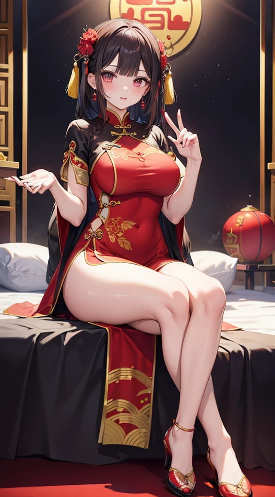 Beidou,red dress, white fur,((see through)), extremely detailed,(( thong))),grinning, realistic anime, red heels, (((Christmas))), cleavage cutout, wide hips, 20 year old woman,((( sitting spreading legs))), red eye patch