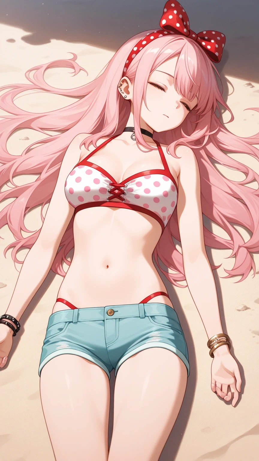 zero two, navel, medium breast, navel, slim legs, sunny day, Beach, laying, beautiful eyes, green eyes, happy, hot pants,