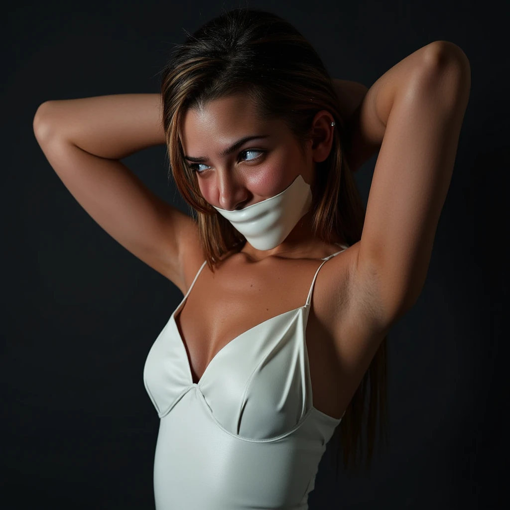 (obra maestra, 4k resolution, ultrarrealista, Muy detallado) bound and gagged BDSM sexy beautiful v4.0 Sophie Turner trapped in a body case al estilo del realismo, piel reluciente, , natural lighting, Labios carnosos definidos. cuerpo femenino fitness. Portrait Photography by Artgerm, al estilo del realismo, piel reluciente, , natural lighting, Labios carnosos definidos. Muscular cuerpo femenino fitness (shibari) (suction ) ()