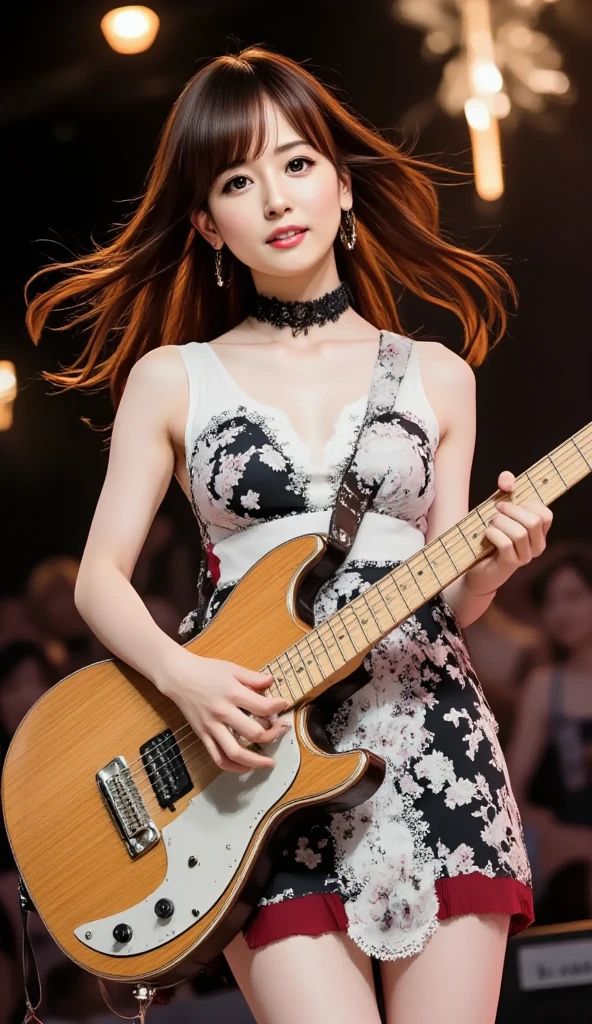 Extremely detailed, Ultra-detailed, Realistic, In a dark live music club, Cowboy Shot, Various lighting effects used in live concerts, 17 years old girl, guitarrist, electric guitar, Wearing a white dress that transmits light, With an enthusiastic look, looking distantly, Ultra-detailed face and blue eyes, Beautiful face, Beautiful skin, Ecstatic expression, Red hair, Short hair, Wavy Hair, flat chest, Basking in the light from behind, Lens Flare