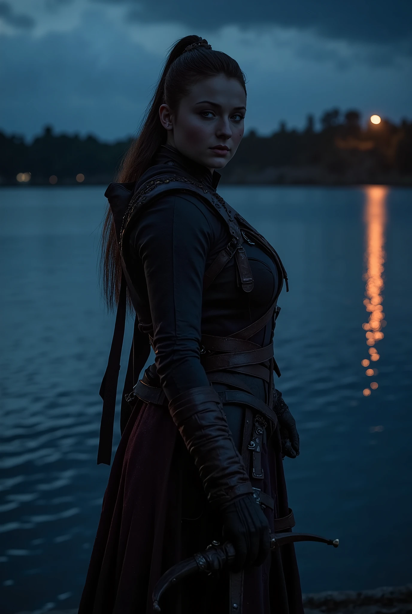 score_9, score_8_acima, score_7_acima, score_6_acima, foto, realismo, fotorealistic, horizon zero dawn, aloy, decote , posando, lago, dark lighting, noite, depth of field, Bokeh looking at the camera 