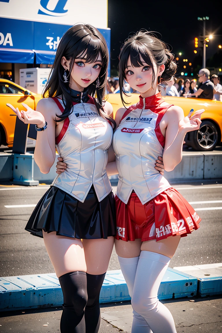 (masterpiece, best quality: 1.2), pretty girl, 18 yo, (white, race queen), (fight-fitting grid girl outfit with sponsor's logo printed:1.3), tight-fitting high leg leotard, long-sleeve latex leotard, medium breasts, cowboy shot, looking at viewer,
 short hair, 