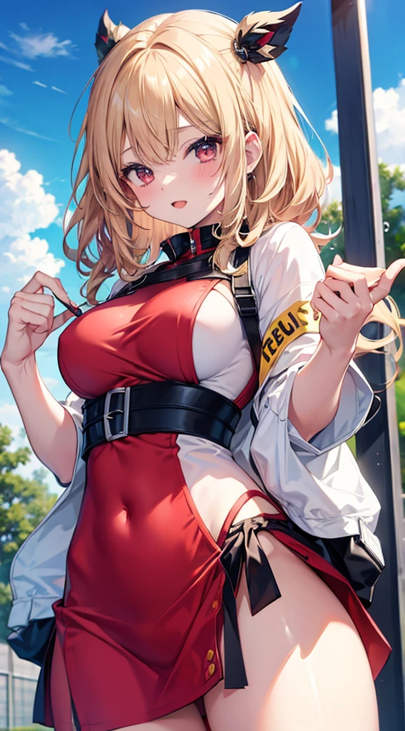 (masterpiece, best quality:1.2), eggmaam, looking at viewer, smile, skirt, thighhighs, gloves, detailed night sky, moonlight, cinema camera, jacket, thighs, glasses, teeth, black thighhighs, white gloves, black skirt, orange hair, grin, (large breasts:1.6), thick thighs, goggles, tinted eyewear, blue-tinted eyewear