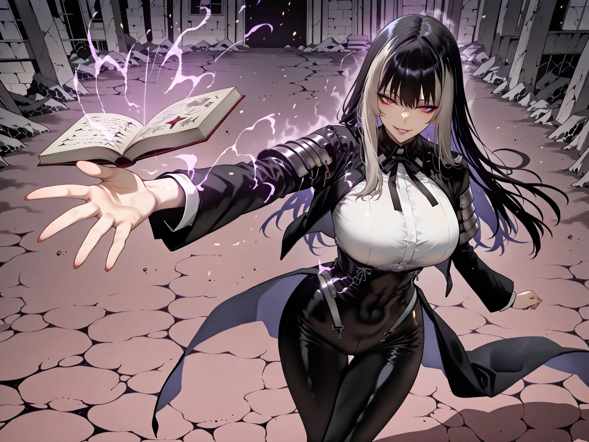 Ball of Light、雷magic、taken from above、caveの中、Ruins、black suit、black longsuit、 black long jacket、ゴスロリなshirt、Depressed、Tall Woman、A woman in her thirties、 Alassah's woman、Steins;Gate、 black longsuit 、score_9, score_8_up, score_7_up, Source_anime,masterpiece、No expression、no makeup、top quality,beautifully detailed eyes in a logistics warehouse, Exquisite Eyes、A sophisticated eye、highly detailed eyes and faces,unmotivated expression、lethargic face、 long breasts, Black Jacketを羽織る、Black Jacket、shirt, big saggy breasts, shockingly big breasts, big breasts,big boobs、boobs 、Zitoida, makeup、no makeup、long hair、smooth straight hair、black slacks、tall woman、Tall Woman、plump thighs, parted lips、 shining eyes,(Fire Aura Onkown),dungeon内、Crimson Eyes、long hair、dark haired、黒い髪、Long Straight Hair、dungeon、cave、Ruins、solo、soloプレイヤー、Wide ass、beautiful butt、and stick your butt into the focus of your butt、long boots、Shoulder Armor、Fearless Laugh、strong、Is confident、suit pants、黒いlong pants、Black Skinny、long pants、Dynamic、Satu、fight、Satu狂、俺だけレベルupな件、arrogant、 Confidence々The smile 、bewitching smile、Sadist、Satu中、hunting、hunting、intimidating、magic使い、magic、Spell Book、magic、Spell Book、magicの本、Floating Book、floating book、Pearl of Light、Light Ball、 Floating Books、Flying Book、左手にmagicの玉、plasma、plasma球、Glowing sphere、Flying Book