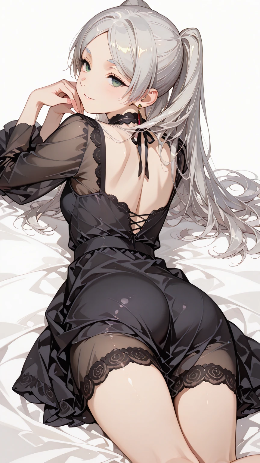 (musterpiece), (best quality), (score_9, score_8_up, score_7_up), very detailed eyes, expressive eyes, perfect face, very detailed face, highly detailed face, beautiful girl, 8K, beautiful girl, (white background:1.3), delicate and beautiful face and eyes, dark intense shadow, 1 girl, solo, vtuber style, cool girl, hololive, vtuber, Laplus Darknesss, long hair, see-through:cheongsam, off the shoulders, Healthy slim body, fkat chest, soft chest, cleavage, clavicle, cameltoe, half-closed eyes, sleeping, breathing, ass visible through thighs, (whole body), sleeping face, lying on back, lying on bed, arm up, arm on forehead, armpit, look up, light smile, one knee up, from below, pov chest,