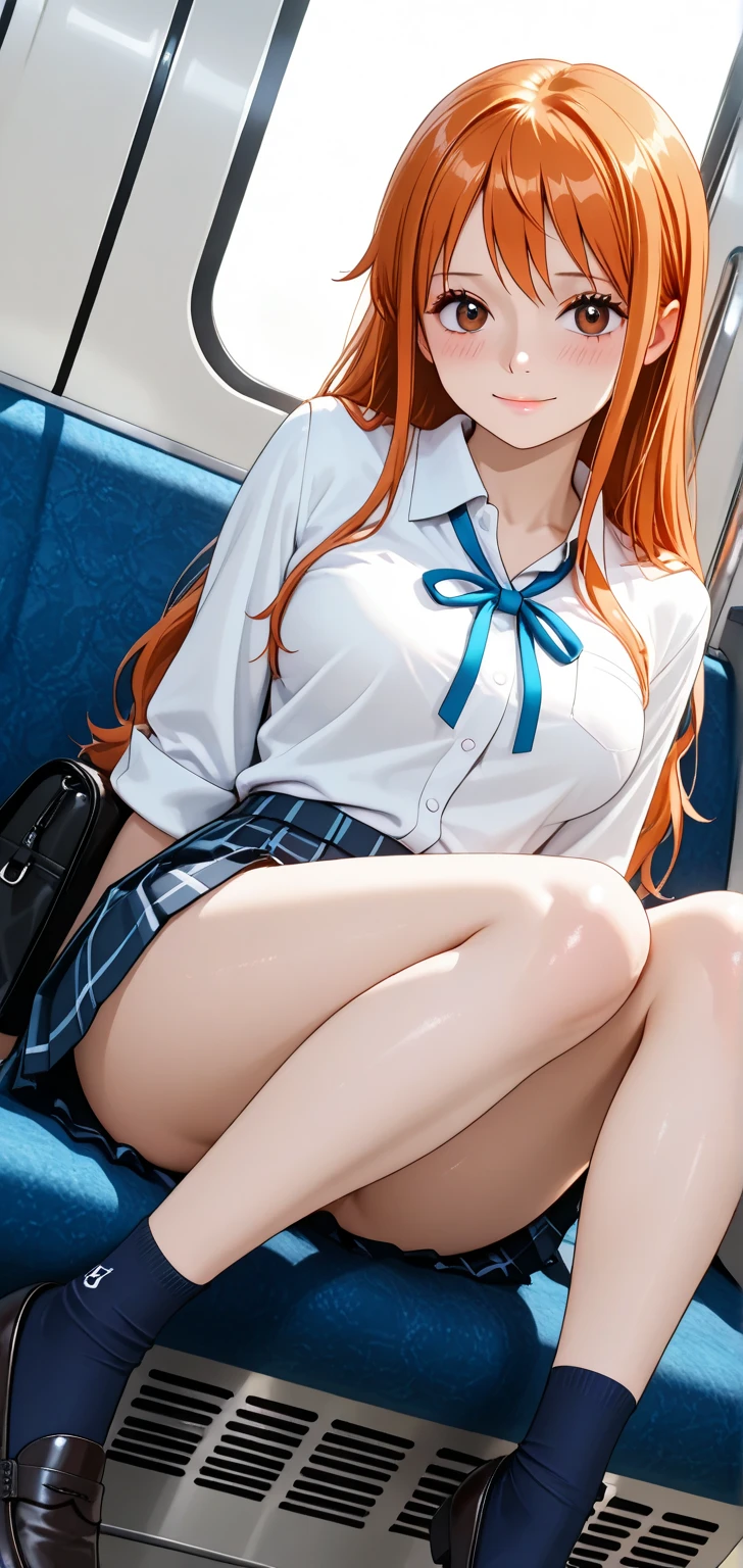 (((Sleeping with legs spread))、(((Shiny underwear)))、Highest quality, 8k, masterpiece :1.3)), whole body, Sharp focus :One Girl,Shiny skin,Sexy pose,Highest quality,Tabletop,shape,Very delicate and beautiful,Hmph,8k壁紙,wonderful,In detail,Official Art,Very detailedなティッカーUnity 8k壁紙,Incredibly ridiculous,Large file size,Very detailedな,High resolution,Very detailed,Beautiful detailed girl,Realistic,X-ray,The queue is full,(((Uniform Blazer、mini skirt)))、(((Big Breasts、Long Hair)))、(((train、trainの椅子に座る)))、, ((茶色のLong Hair、))、Sexy pose、Hairstyle: Long hair、Two hands、Nakano Miku、Wearing high socks