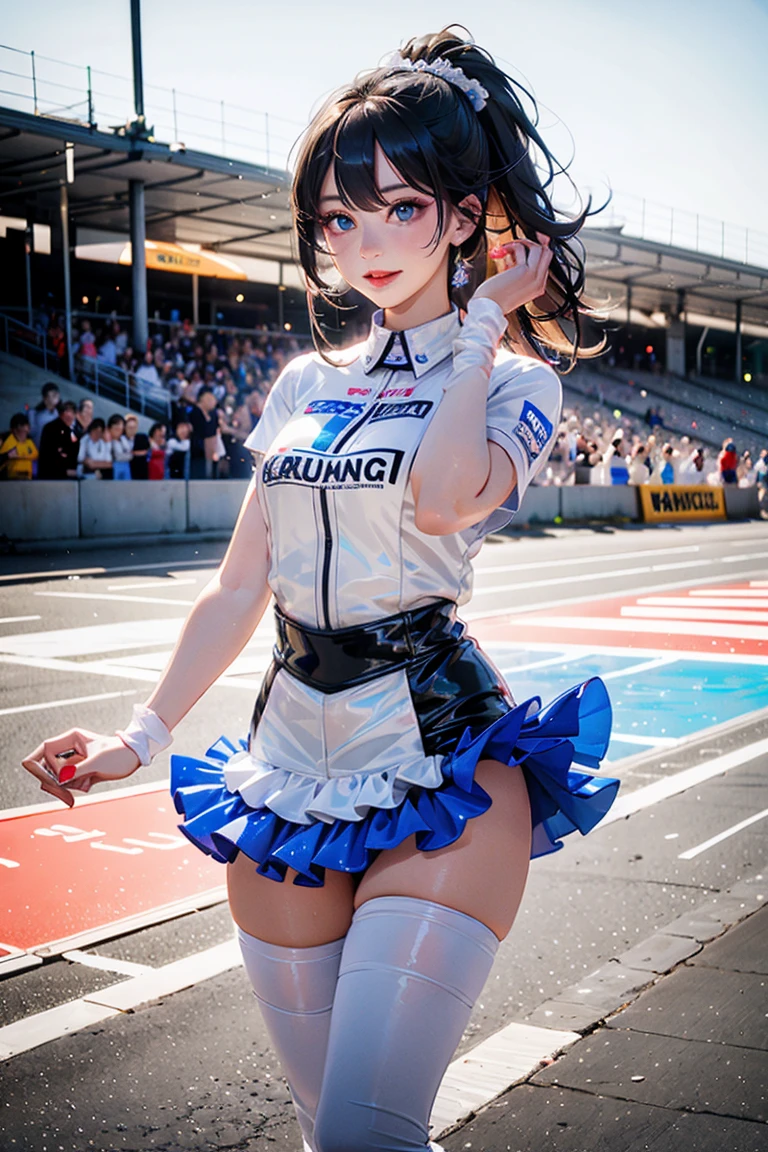 (masterpiece), (Racing Girls), Black Hair, A faint smile, Highly detailed eyes and face, Jet Black Hair、Straight Hair、beautifully繊細な目, ((big breast)), (Highest quality, High resolution, reality, original, 8k,masterpiece, ),(((Dynamic pose))),(((Blue patent leather miniskirt lift))),(((Bare inner thighs))),(Vibrant colors:1.2), (beautifully),((Circuit view))、sunny、blue sky、((屋外Circuit view))、((Stand in front of a racing car))、((Pose with butt sticking out))、(((Back view:1.4)))、((from below:1.4))、Healthy Thighs、((Strong winds:1.2))、((真下からのStrong windsでスカートが大きくめくれる))、(((The underwear is clearly visible.:1.4)))、(Enamel costume))、((Angle of view looking up into the skirt from directly below:1.4))