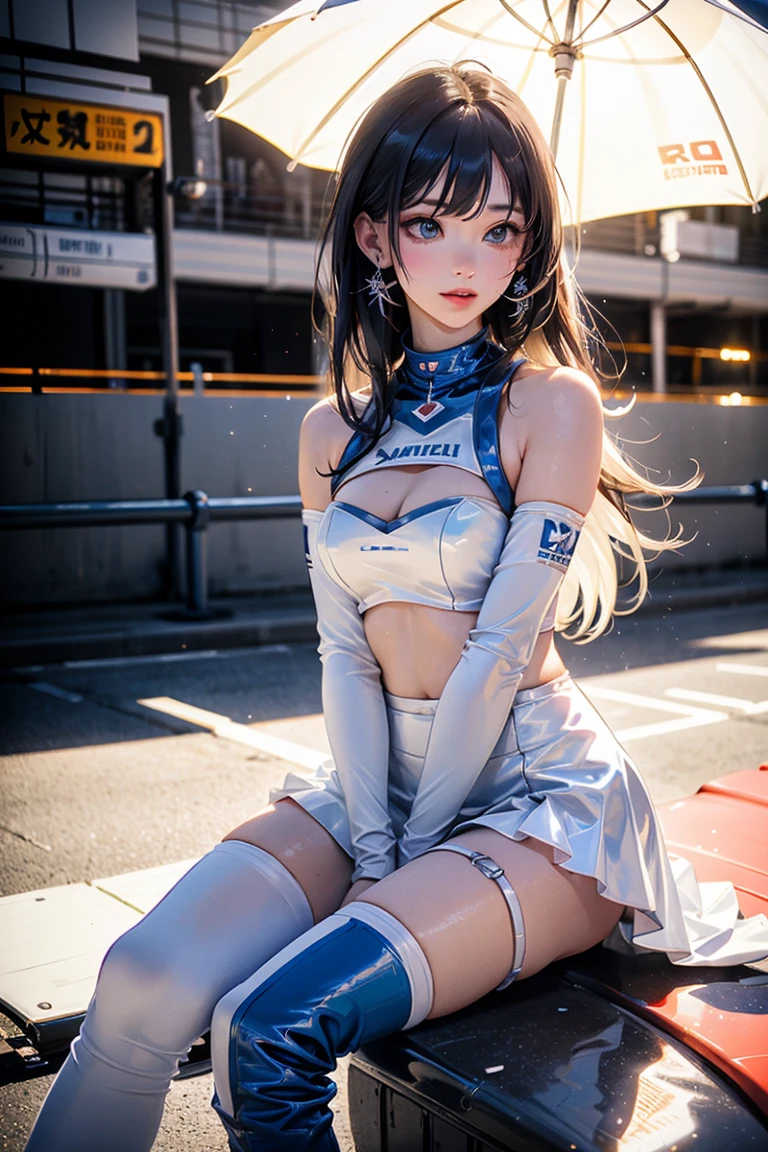 Race Queen, Grid Girls, skirt, No sleeve, masterpiece , Highest quality , detailed , bangs , woman , smile
