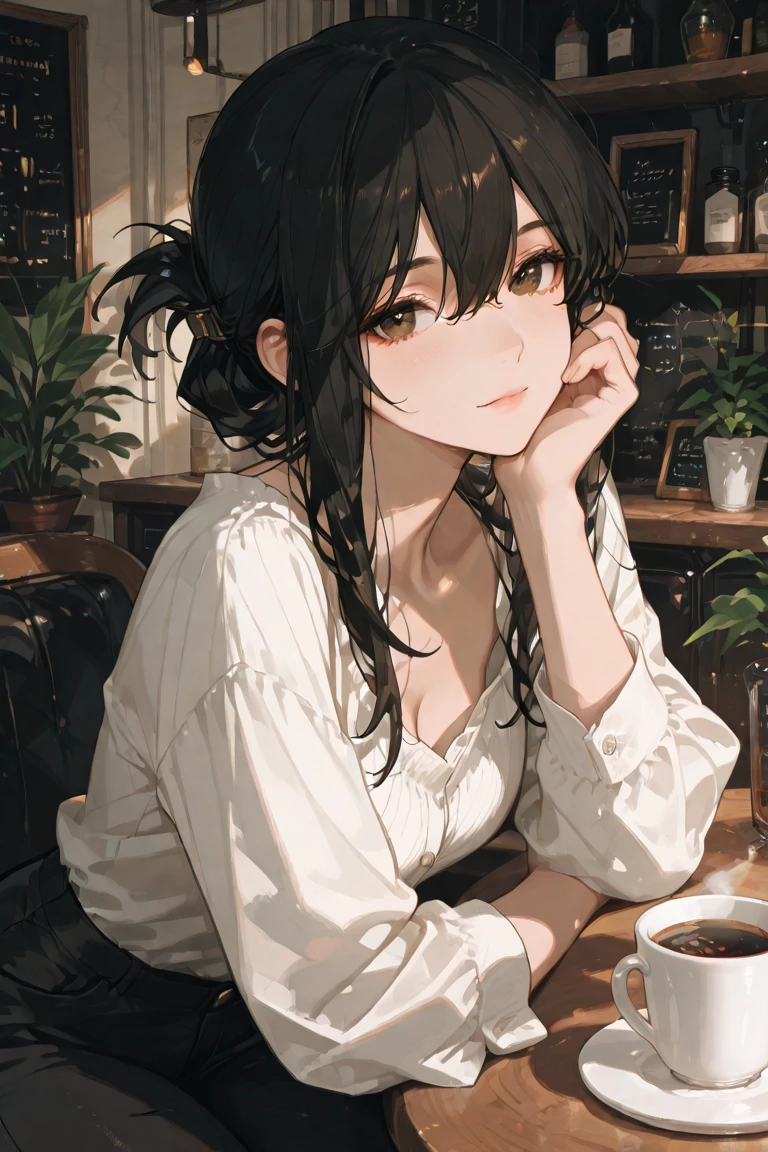 Realistic photos, Focus distance 10mm, Red and white, Beautiful girl, Realistic photos, Shooting at Focus distance 10mm, masterpiece, 最high quality, high quality, Very detailed CG 8k wallpaper unit, Award-winning photography, Depth of written boundary, High resolution, bloom, chromatic aberration, Realistic, Very detailed, Art Station Trends, CGsociety Trends, Complex, High detail, dramatic, Art on the go, volumetric lighting, Soup A beautiful girl in an elegant dress is enjoying a hot soup. The background is the warm atmosphere of a French café. The girl has short black hair and light brown eyes