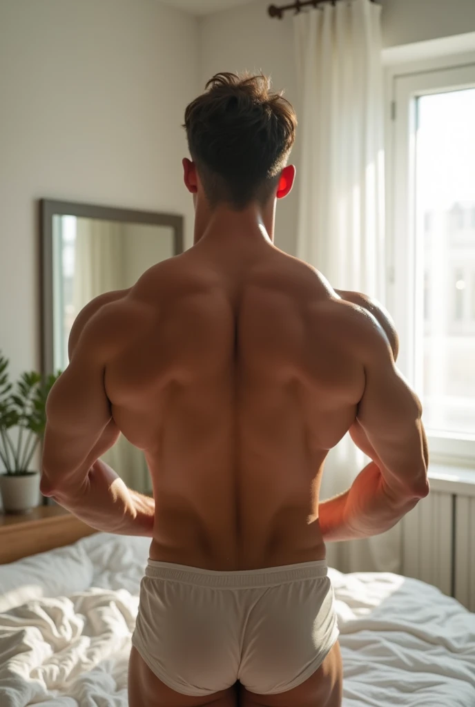 masterpiece, a high resolution, (Male focus), (1 boy, slim, 20 years, Spanish, , short hair, Brown hair, bedroom), mini shorts exposed ass, Torn edges, torn on the buttocks, , looking back, Curious, Close-up, 8K, HDR His body is greedily explored by wet tentacles