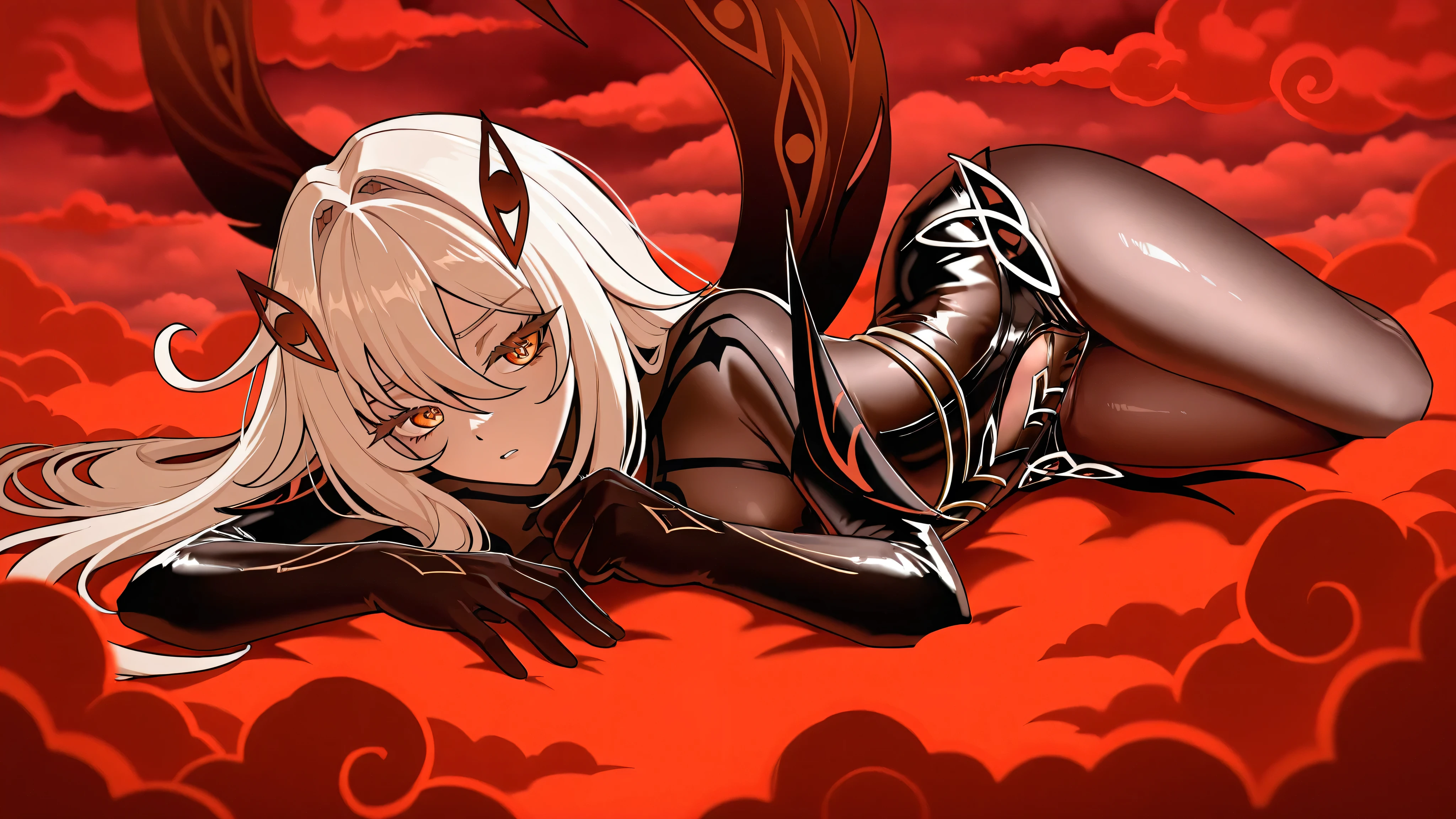 1 girl only, Ronova, from the video game Genshin Impact, with his characteristic dark clothes, in sexy pose, lying on red clouds