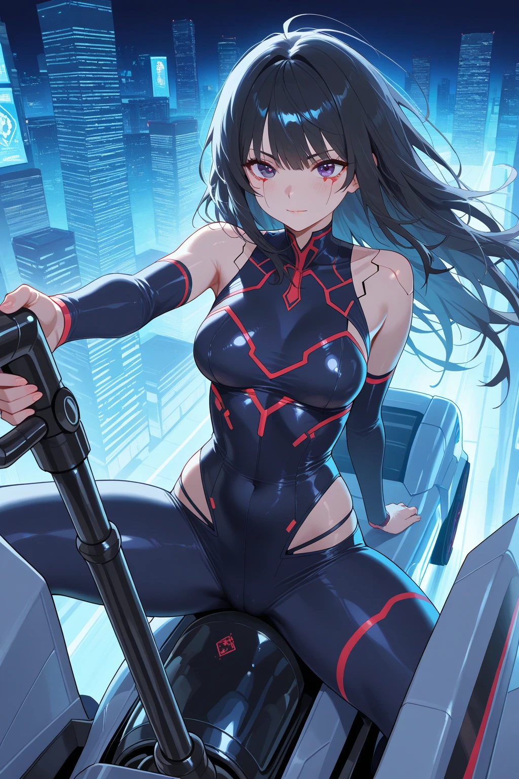 Sexy Cyborg Suit、17 years old、beautiful girl、ponytail、Black Hair、fight、White beam