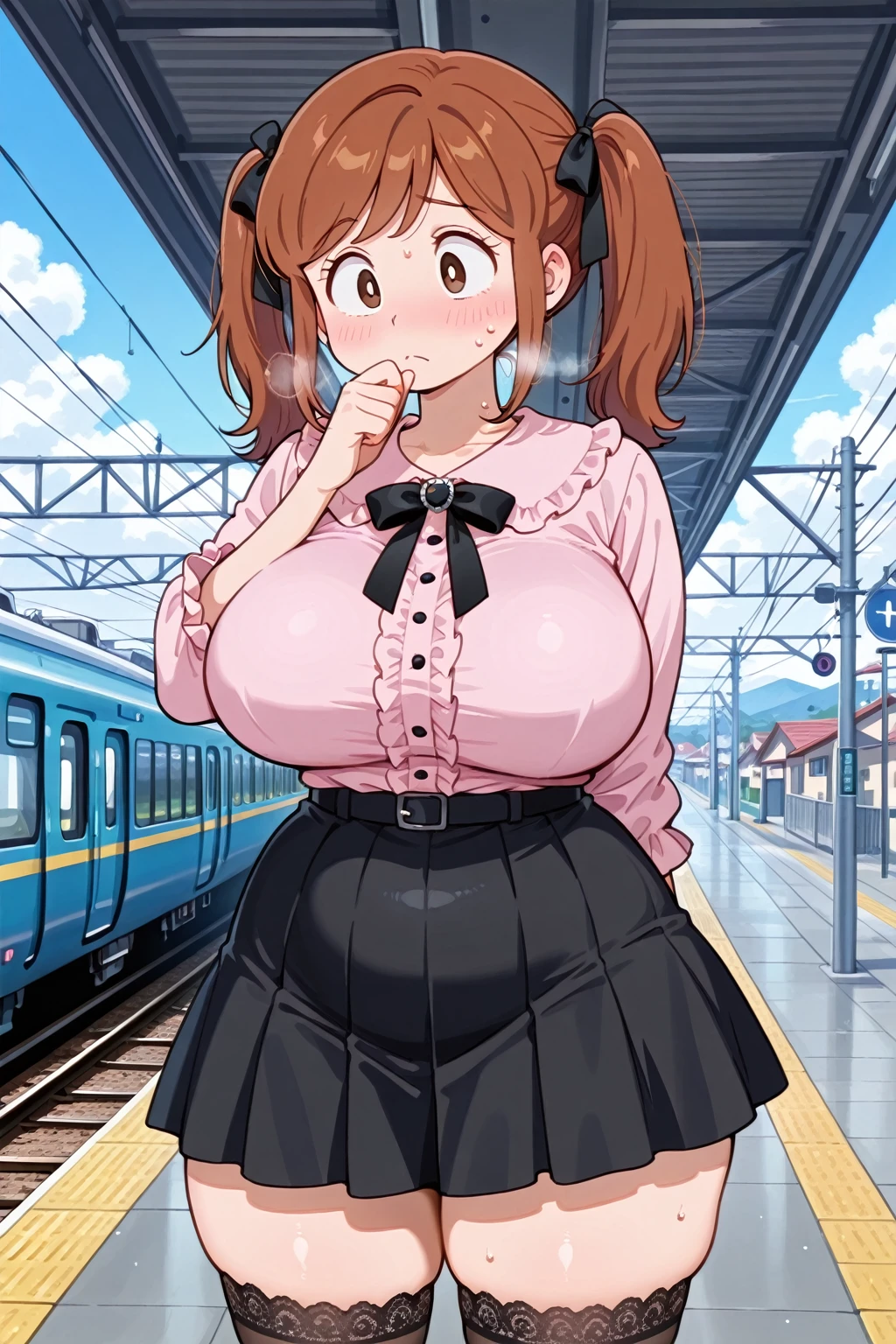 Adult female, busty, voluptuous figure, milf, seductive, train, staring, sultry grin, grabbing ass pose, turtleneck sweater, highly detailed, well-defined eyes, long brown hair, beauty spot on bottom lip, perfect grey eyes, tights