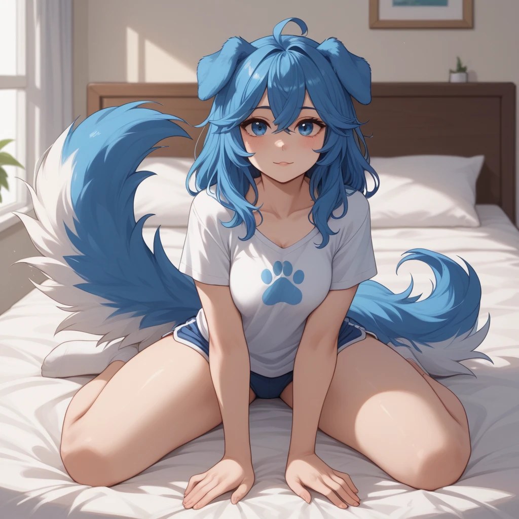 (Masterpiece) (High Detail) (High Res) A short slim humanoid girl with pale human skin and blue eyes and long blue hair and blue dog ears and a fluffy blue dog tail and average breasts. She is wearing a baggy white cropped t-shirt and a part of sports shorts. She is sat on the edge of a bed at night. She looks shy.
