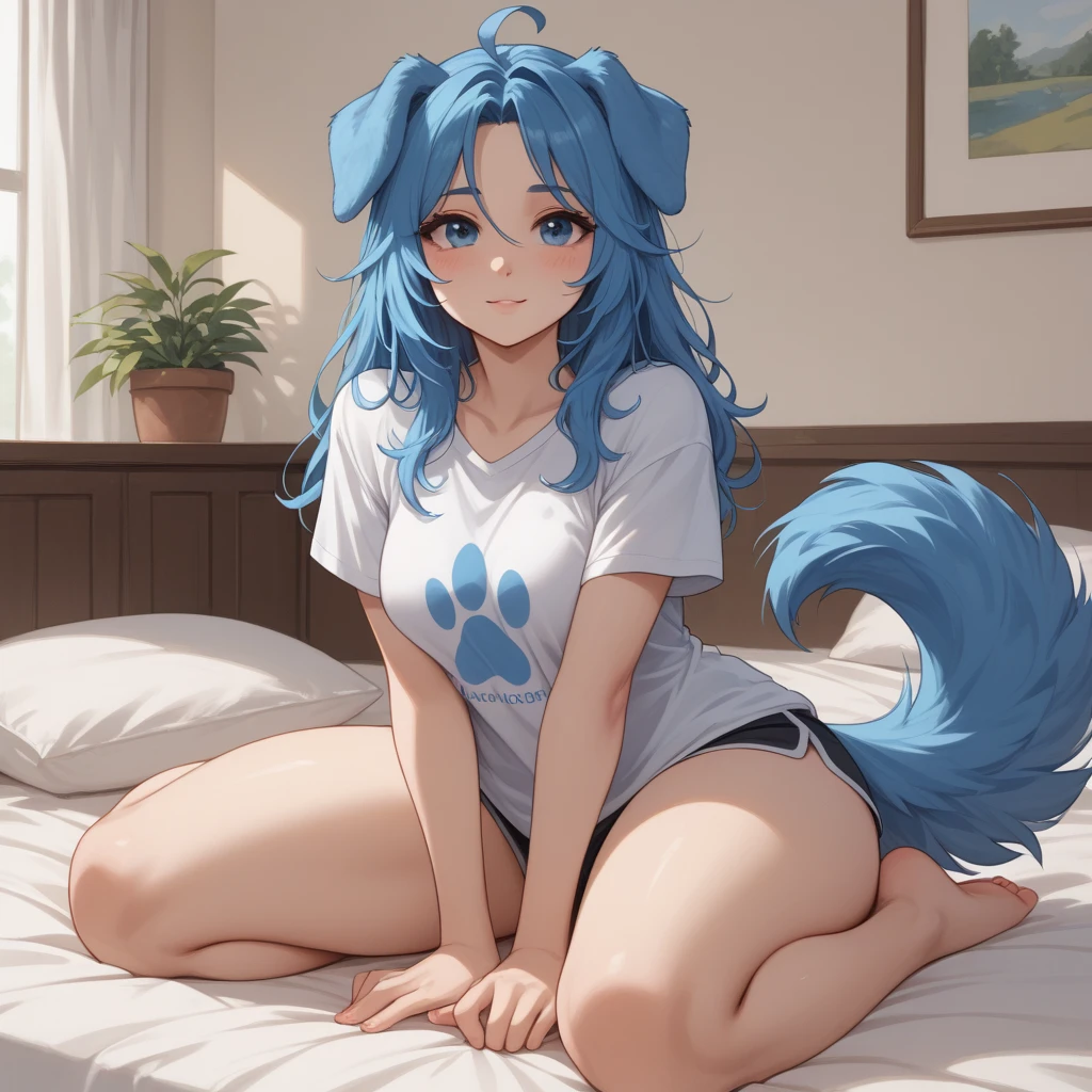(Masterpiece) (High Detail) (High Res) A short little slim humanoid girl with pale human skin and blue eyes and long blue hair and blue dog ears and a fluffy blue dog tail and average breasts. She is dressed in an oversized white t-shirt and is cuddling with a large Anthro Cow Bull with large horns and brown skin and brown fur and large bovine ears. She has blushing cheeks and is smiling calmly. Size difference. Big Size Difference.