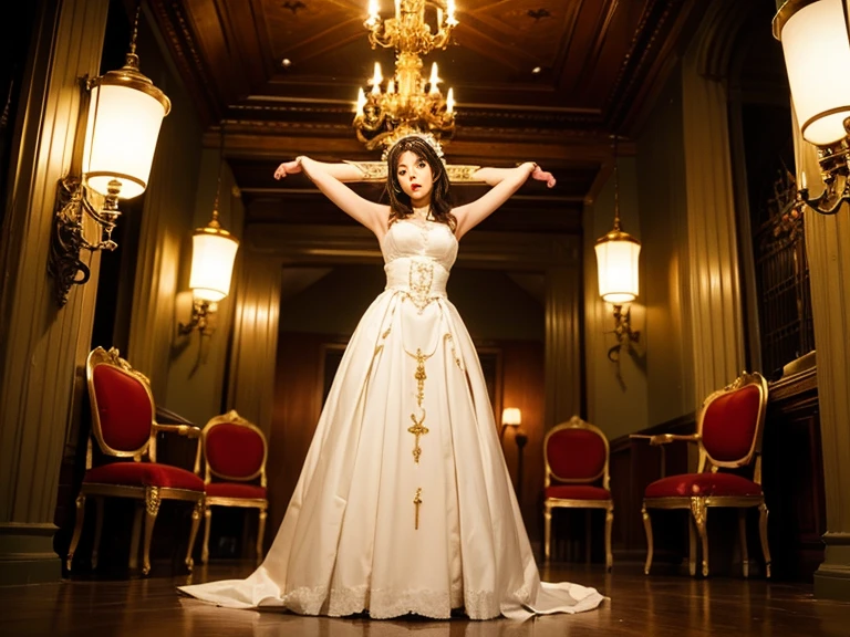 top quality picture　、Buckingham Palace　、Salon　、(((Large crowd of guests)))　、１５century　、very long dress　　、　(((low angles)))　、White luxury costume　、dance　、　Collar with rope　　、(((sad Facial expression)))　、full body Esbian、chains　、 Black hair　、chandeliers　、Dark colored walls　、 shining beautiful skin　 , Sweat　, collar and chain accessories　, beautiful black pupil and hair　, Detailed expression　, beautidful eyes,