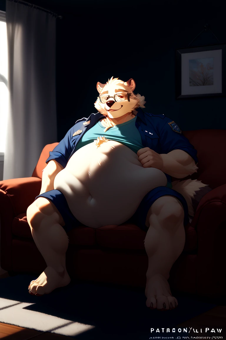 chubby young male polar bear blue eyes, laying on couch, no clothes , white briefs , watch , spread legs ,living room, sunlight, adidas shoes , all white socks , high quality , drawing black lineart , kemono , detailed eyes, ginger hairs
