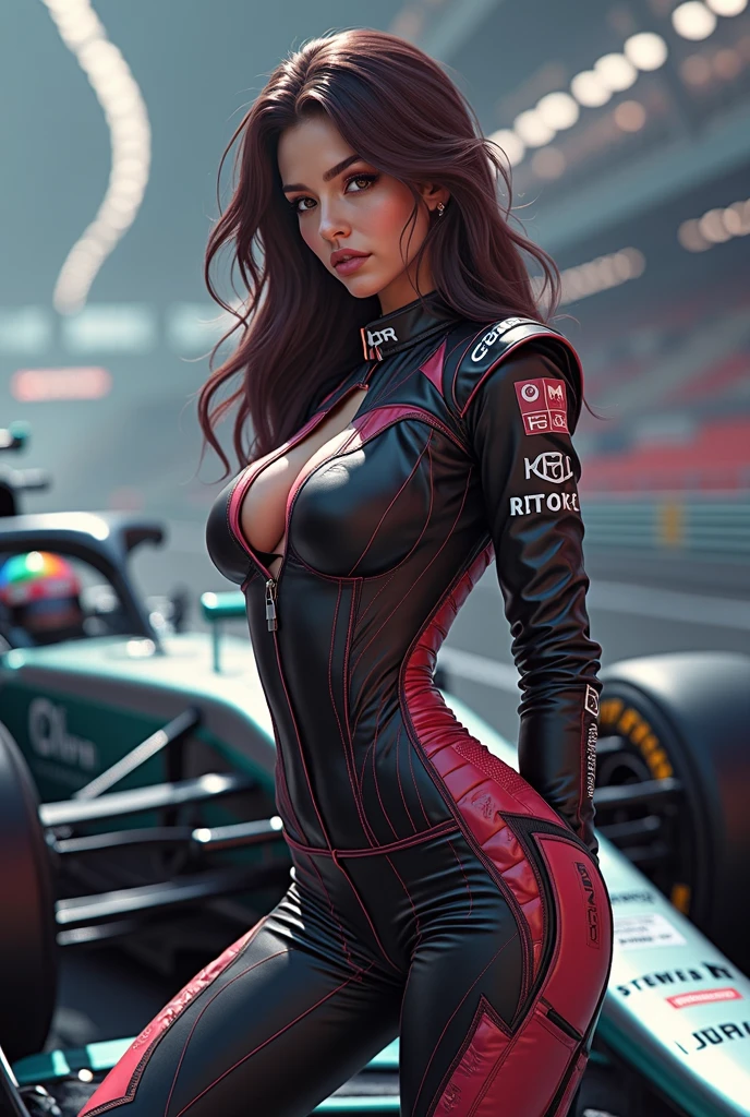 white, red, black, Amazing realistic image of a beautiful girl in sexy semi-open formula1 outfit showing her panties(cameltoe), long, flowing hair