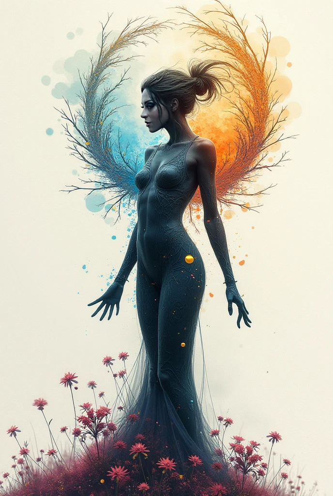 Create a beautiful tree, tree woman With the torso with a feminine silhouette. a perfect body With green leaves. digital drawing, perfect face, glowing skin, 8k concept art portrait, dynamic lighting, super detail, detailed image, fractal complex background, alcohol ink drawing.beautiful woman, a woman with black and platinum and gold hair, with a colorful outfit and a black background with paint splatters, by Hirohiko Araki, Official Art, Unity 8K Wallpaper, Ultra Detailed, Masterpiece, Best Quality, (Zenredar, mandala, tangle, tangle), 1 beautiful Caucasian haired girl platinum and black and gold, Dynamic Angle, The Most Beautiful Form of Chaos, elegant, bright colors, romanticism, By James Jean, Gerhard Richter, Takato Yamamoto, Ashley Wood, atmospheric, ecstasy of musical notes, transmission of visible musical notes, Style Wtrcolor, wind blown, Masterpiece, Beautiful, ((watercolor)), Paint splatters, Intricate details. [drip: 0.7], Trending on Artstation, Rachel Walker, Style-Painting-1900, A beautiful nude woman completely covered in paint floating in a pool, beautiful lighting, beautiful large detailed eyes, Nirvana, relaxed, paint drips, Spirals of Paint, Paint Splatter, (Beautiful Swirls of Paint Swirls), by Jeremy Mann, By Sandra Chevrier, vivid contrasting colors, chromatic aberration, black background, Best Quality, (realistic: 1.2), (high contrast: 1.2), gold and silver and bronze decoration, forest goddess, beautiful caucasian girl close-up, beautiful goddess fused with forest and trees, black hair fused with platinum and gold, nude girl, beautiful visible pubic area, pink pesons, small breasts a the view, pond of water in the garden, tattoos of mandalas and flowers on the naked body,