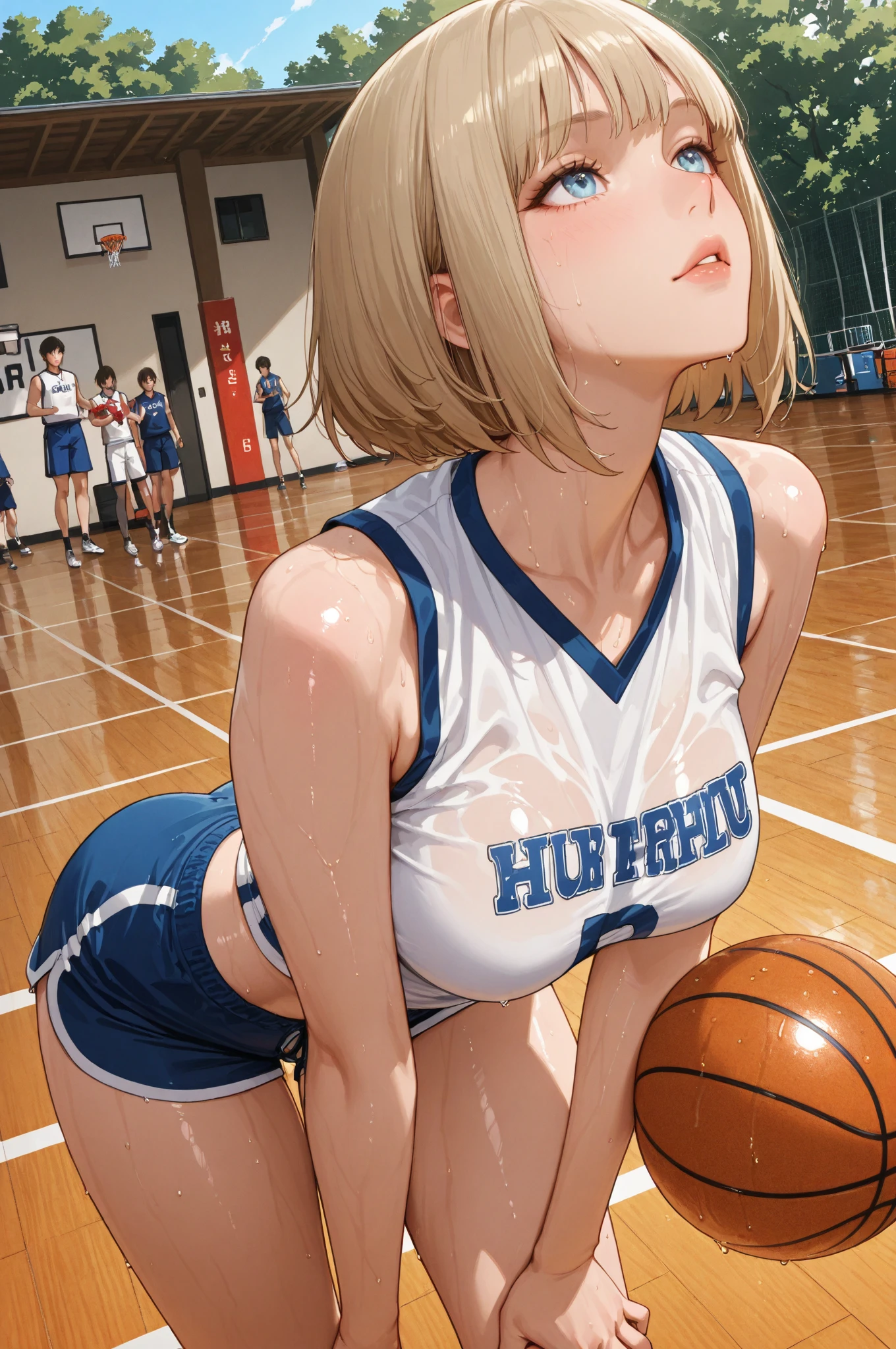 nsfw,3girls,ball,basketball,basketball_(object),basketball_court,basketball_jersey,basketball_uniform,blonde_hair,blue_shirt,blue_shorts,uncensored,commentary_request,depth_of_field,highres,jersey,love_live!,love_live!_nijigasaki_high_school_idol_club,medium_hair,miyashita_ai,multiple_girls,open_mouth,red_shirt,red_shorts,shamakho,shirt,shorts,smile,solo_focus,sportswear,white_footwear,yellow_eyes, best quality, masterpiece, nai3, half naked, pussy, armpits, see trough, wet clothes, shirt lift, nipples, breasts, short pull, sex, 3boy, vaginal, girl on top sex, sitting, group sex, standing sex, fellatio, blowjob