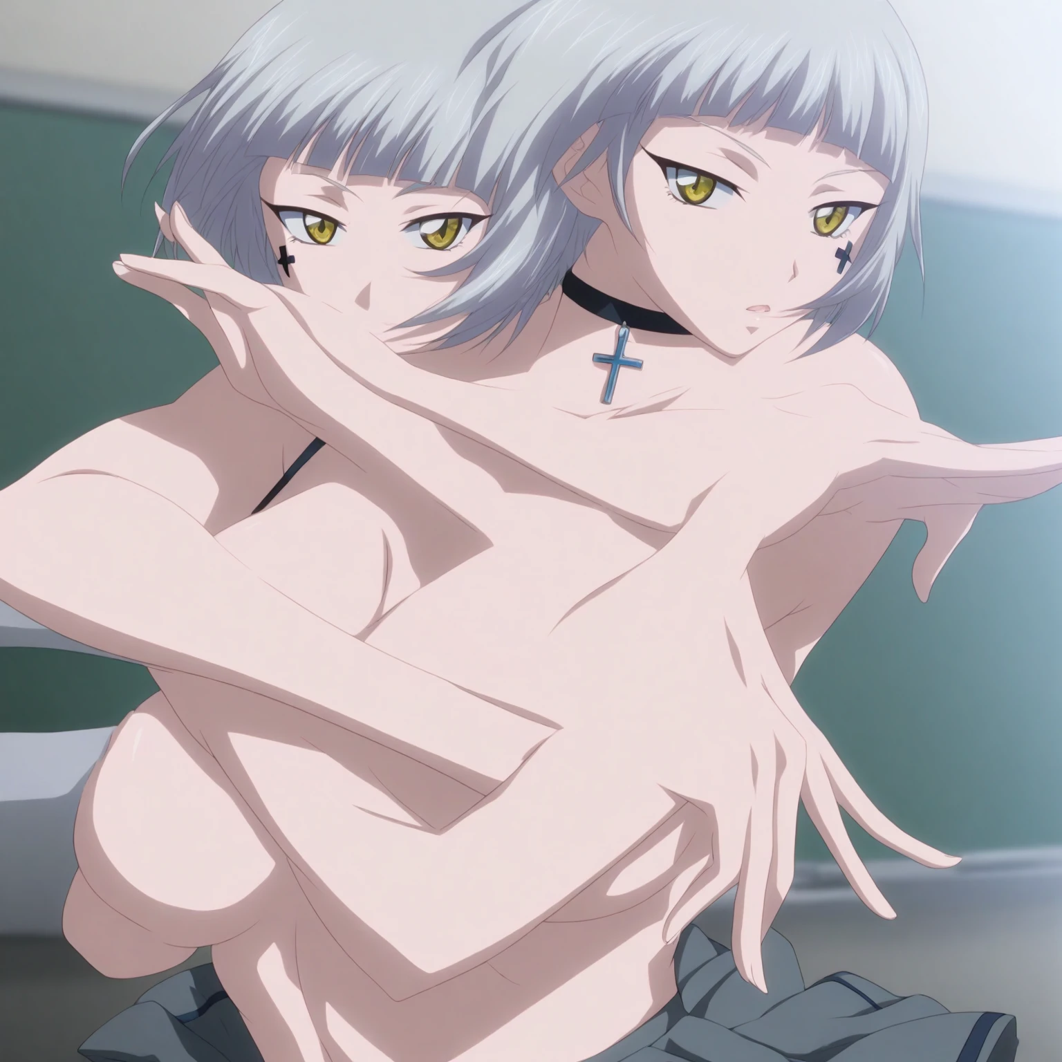 Koneko tojou, small hair, anime line art, high school dxd style, white background, neko girl, white hair, loose strands of hair, demon tail, cum inside pussy, creampied, neko ear, yellow eyes, glowing yellow eyes, naked body, dripping wet pussy, nsfw, flat chest, small breasts, wide thighs, exposed body, nipples, back view, ass view, holding ass, lewd smile, witch hat, tongue out, oiled body, masterpiece, ultra-detailed anime, UHD image, clean image, perfect coloring.