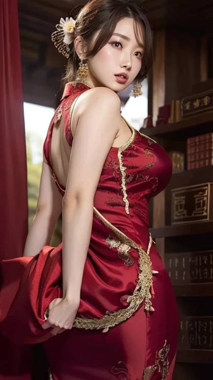 an India aunty showing her beautiful rear ass,  wearing a red garment. Translucent couture, with puffy sleeves, side view, The scene is shot with (Kodakportra800:1.1) (filmgrain:1.1), [perfect protruding ass], ass, huge ass, huge breasts, looking at me, (Perfecteyes_V1:0.6)