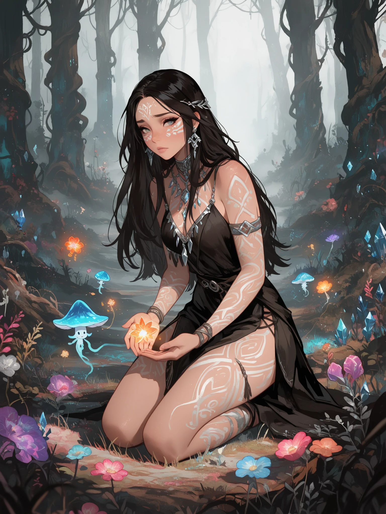 Sexy photo, cinematic light, a woman in a black dress holding a blue ball of magic in her hand, beautiful sorceress, dark sorceress, goddess of the underworld, goddess hecate, fae priestess, evil sorceress, hecate, one leg showing, dress, big neckline, Forest background, Dark theme, beautiful and mysterious face