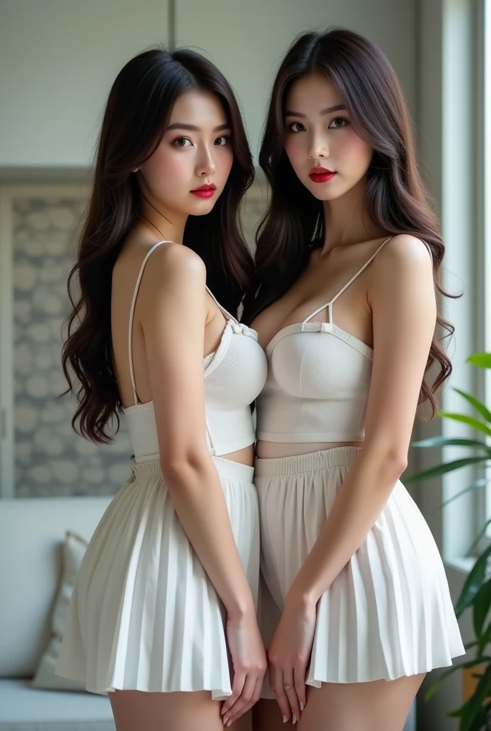 Fashion trendy beautiful and charming woman, gentle and charming Chinese beautiful woman, Korean(kpop-idol), delicate and sexy collarbone, charming oval face, double eyelids, smart peach blossom eyes, pink lips, small nose, bare shoulders, focus on the face, close-up of the face, Ultra-high-definition, super-detailed, the ((loose)), white off-the-shoulder shirt perfectly echoes the light blue high slit miniskirt, fresh and impressive, Natural(medium breasts:1.25), (nsfw:1.2)