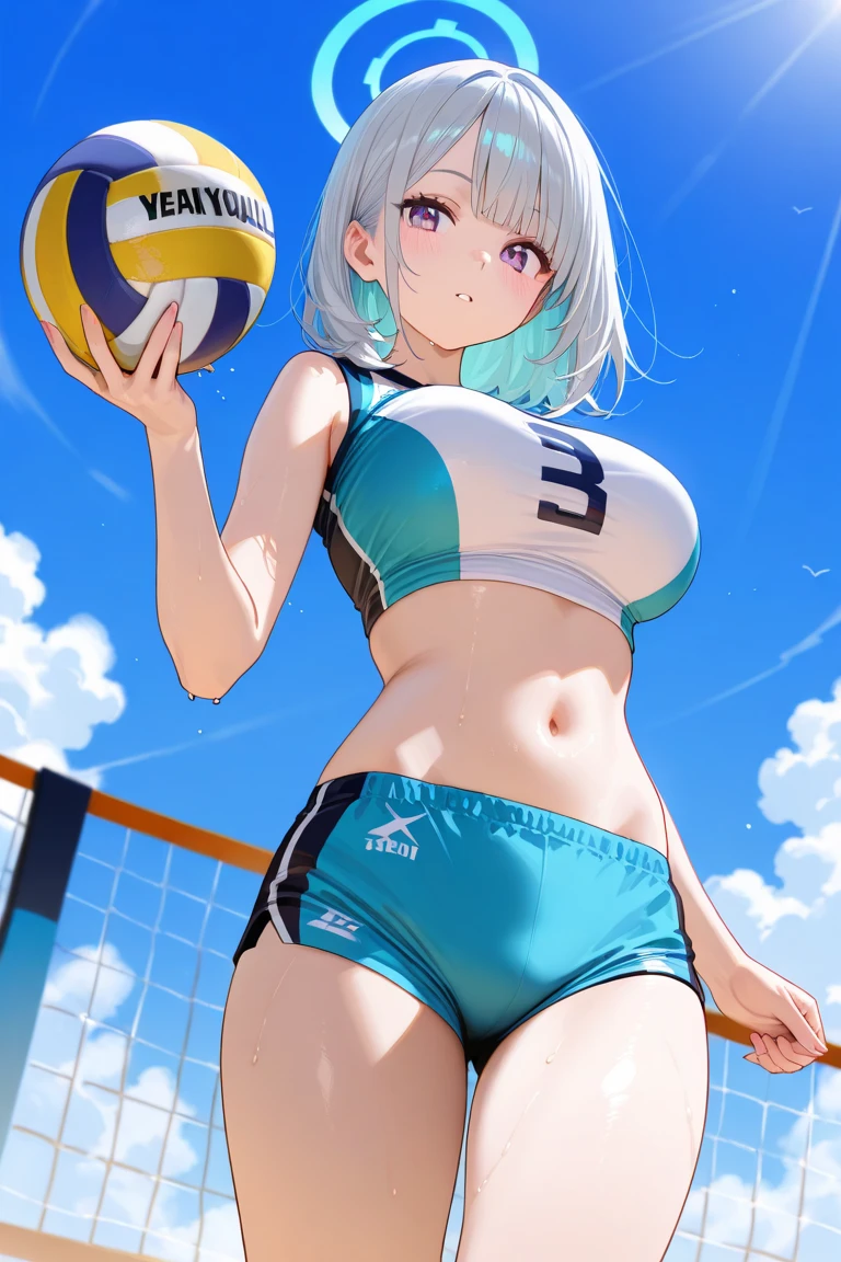 (Sports magazine cover photo), Highest quality, Great quality, 16K, Unbelievably absurd, Very detailed, delicate and dynamic, Natural light, Particles reflect light, Diffuse reflection of light, Many rainbow-colored petals fall, Beautiful sandy beach, Shining Sun, Diffuse reflection of light, Create amazing image effects, , Wet, sweating, Beach Volleyball, receive, close(Cute sexy girl, A large, swaying bust, Sensual expression, Cool girl, Severe, passion, dynamic, Flashy swimsuit, ,audience , much-air-laden cheer)Blonde，
