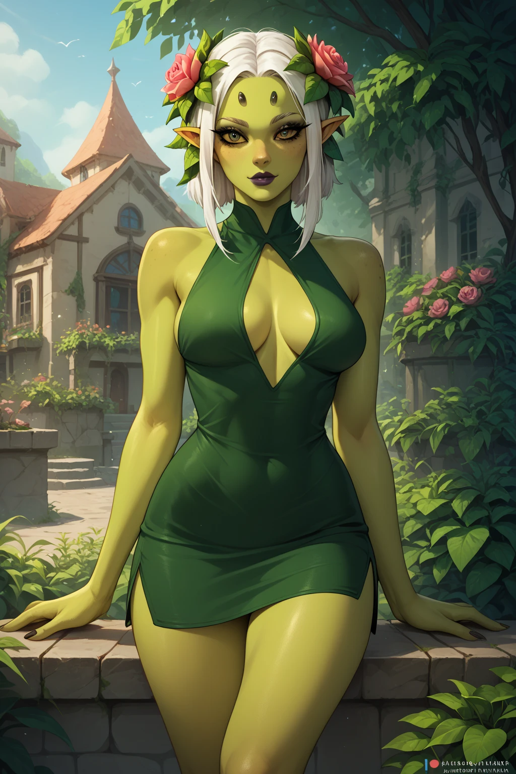 Kmeleon,white eyes, white hair,  white eyes,  long hair,   hair slicked back, smile,  blush,
green headband,   looking at viewer,  cleavage cutout,    earrings, 
  green leotard,    navel,
sitting, 
garden, mortal kombat,  
(best quality, masterpiece, perfect face, beautiful and aesthetic:1.2, colorful, highest detailed face),solo,  <lora:Khameleon:0.8>