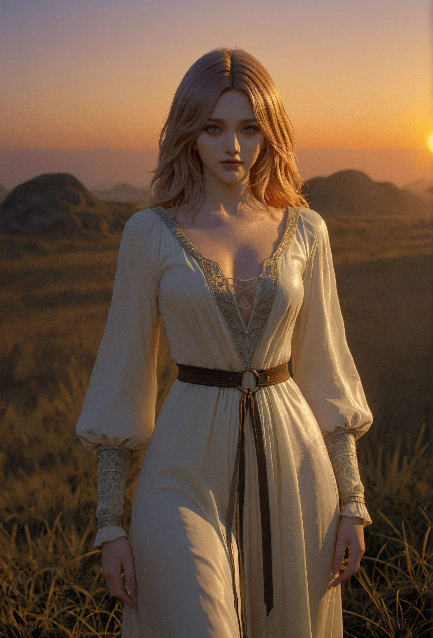 androgynous thin young man in a belted linen shirt and in a floral crown plays the pipe,the rays of the sun, river bank, long blond hair, green eyes, ((best quality)), ((masterpiece)), (detailed), realistic eyes, alluring male, ethereal beauty, (fantasy illustration:1.3), enchanting gaze, captivating pose, solo (boy), delicate, otherworldly charm, summer day, soft colors, (detailed field landscape:1.3), (high-resolution:1.2), see through cloths, realistic, realism, sexy body, glowing torches, detailed eyes and lips, (perfect face:2), full body lenght, hyperrealism, photo edition, award-winning photo, high detail, high skin detail, clean skin, (clean shaven:1.5), Amazing, Fine Details, Best Quality, Extremely Detailed cg wallpaper unity, 8k, hd