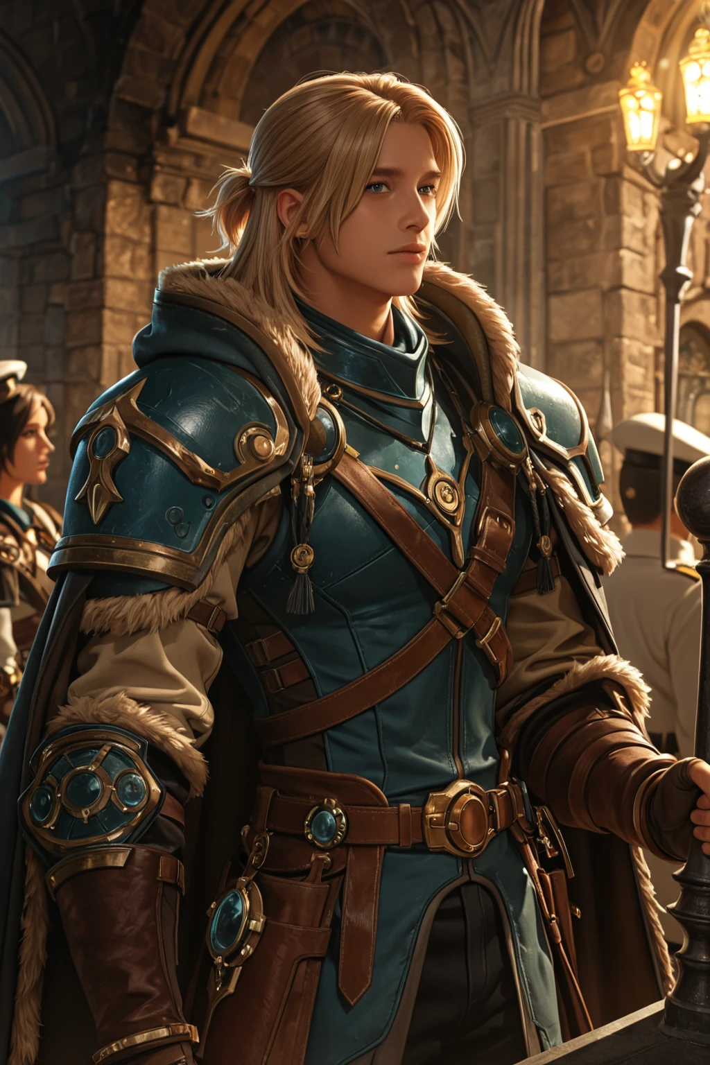 Very attractive and intriguing male fantasy character Male D&D character with long blond hair in long male braids. Very fierce and masculine. Stylish hair. Looks like a muscular, handsome hero. Attractive features. Handsome face. Medieval fantasy attire. Intense stare. Large muscles. Ideal physique. Dashing hero. hyper detailed, gothic art, intricate details, ultra detailed, ultra detailed clothes, epic masterpiece, ultra detailed, intricate details, award winning, fantasy art concept masterpiece, trending on Artstation, digital art, unreal engine, 8k, ultra HD, centered image