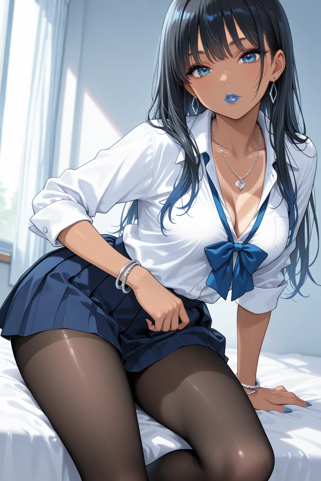 ((masterpiece)), ((best quality)), (dynamic angle), (ultra-detailed),((extremely detailed)), 4K, (8K),  

1girl, ((beautiful blue eyes)), beautiful black twintail hair, glasses,

high school uniform, open-button shirt, pleated skirt, stockings, pumps shoes, ((White panties, cameltoe)),

in the classroom, Computer, typing on keyboard, troubled face, sweat,

buttocks, large breast, sweaty, wet body, navel out, thighs out, slim, slender,  ribon, ashamed, blush, translucent body, Transparent, shiny-glistening, gleaming,
