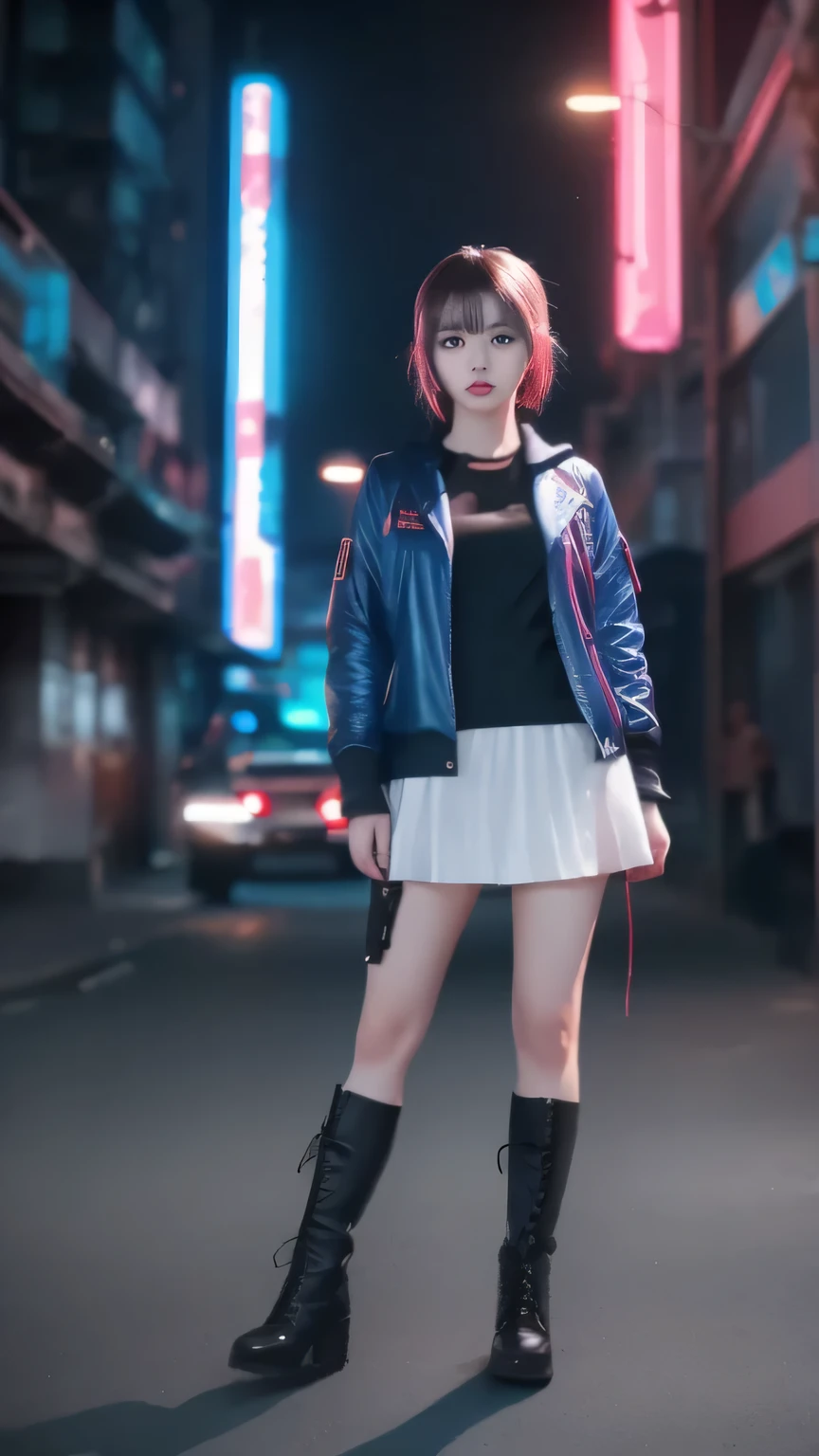 top quality, best quality, Ultra Fine, super realistic,(beautiful pale cyberpunk female, baby face), Blue Eyes, Side Bang, Hyper Details, CINEMATIC LIGHTING, Magical neon, dark red city, slender body line, boots